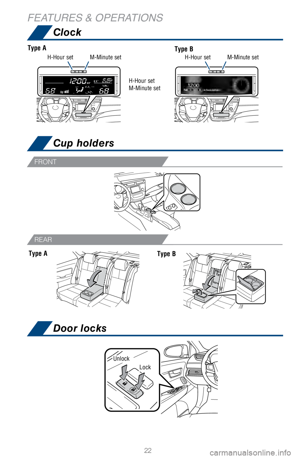 TOYOTA AVALON HYBRID 2018 (in English) Owners Manual 22
Clock
Cup holders
FEATURES & OPERATIONS
FRONT
REAR
Type AType B
H-Hour set
M-Minute set
H-Hour setH-Hour setM-Minute setM-Minute set
Type AType B
Lock
Unlock
Door locks TOYOTA AVALON HYBRID 2018 (in English) Owners Manual 22
Clock
Cup holders
FEATURES & OPERATIONS
FRONT
REAR
Type AType B
H-Hour set
M-Minute set
H-Hour setH-Hour setM-Minute setM-Minute set
Type AType B
Lock
Unlock
Door locks