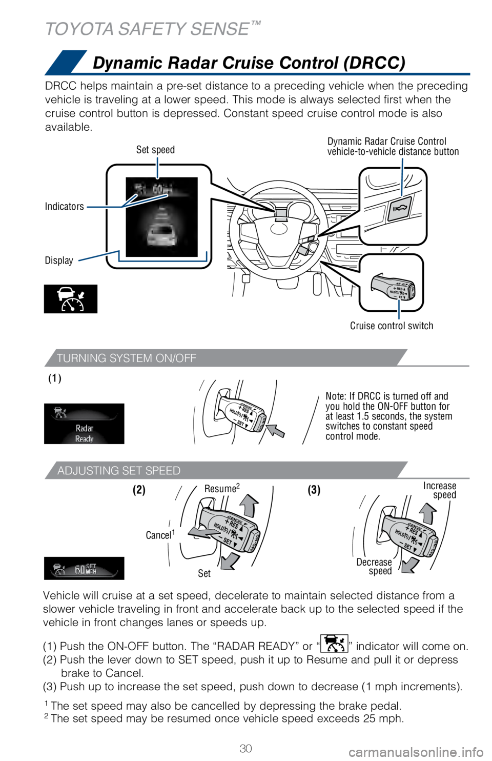 TOYOTA AVALON HYBRID 2018 (in English) Owners Guide 30
TURNING SYSTEM ON/OFF
ADJUSTING SET SPEED
DRCC helps maintain a pre-set distance to a preceding vehicle when the p\
receding
vehicle is traveling at a lower speed. This mode is always selected fir TOYOTA AVALON HYBRID 2018 (in English) Owners Guide 30
TURNING SYSTEM ON/OFF
ADJUSTING SET SPEED
DRCC helps maintain a pre-set distance to a preceding vehicle when the p\
receding
vehicle is traveling at a lower speed. This mode is always selected fir