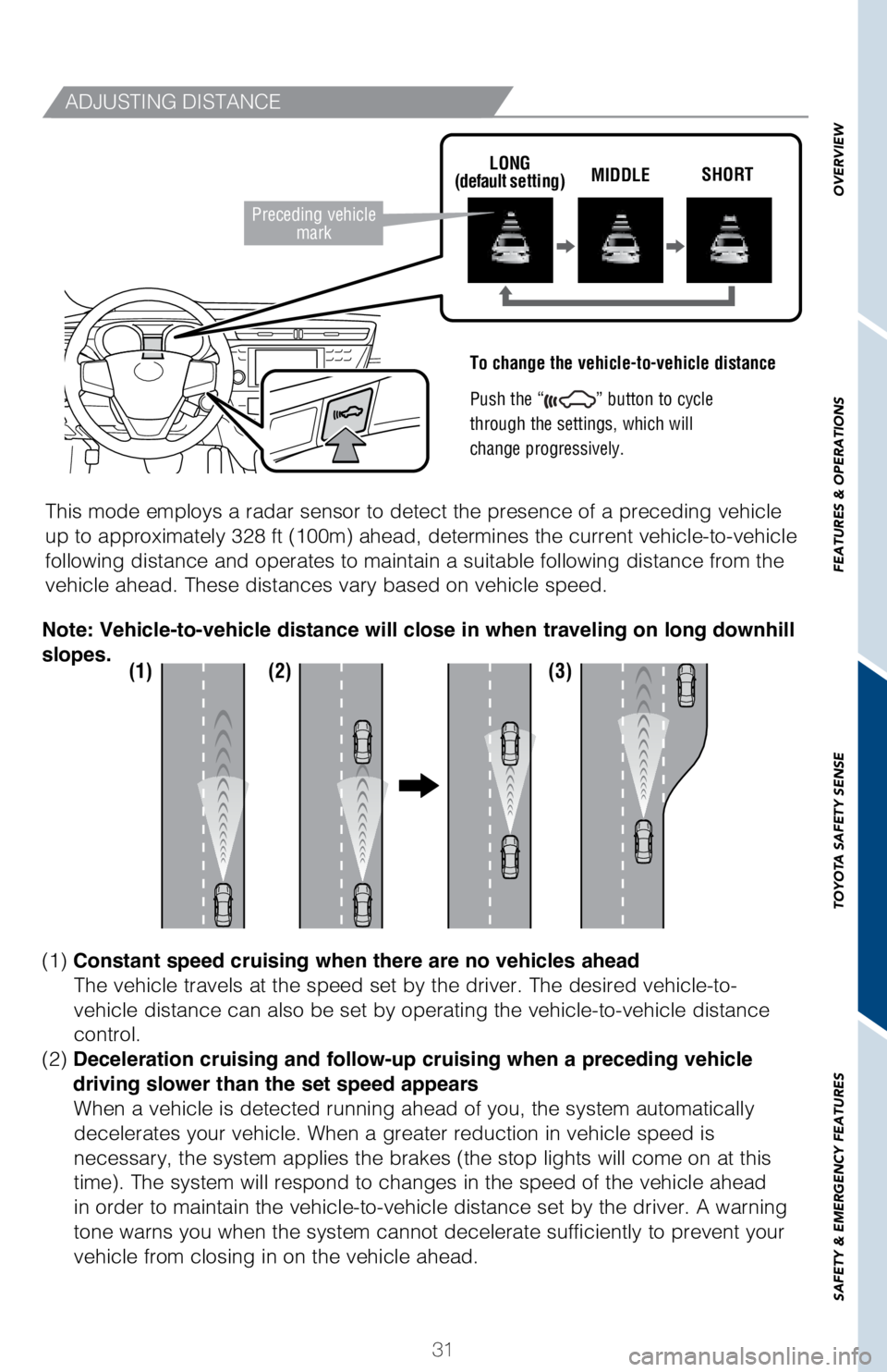TOYOTA AVALON HYBRID 2018  Owners Manual (in English) 31
OVERVIEW
FEATURES & OPERATIONS
TOYOTA SAFETY SENSE
SAFETY & EMERGENCY FEATURES
ADJUSTING DISTANCE
To change the vehicle-to-vehicle distance
 
Push the “
” button to cycle
through the settings, 
