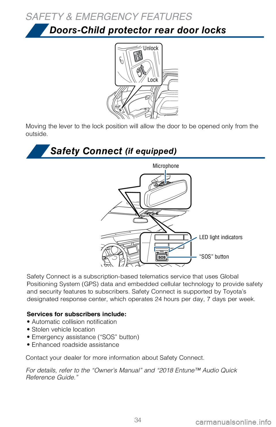 TOYOTA AVALON HYBRID 2018 (in English) Owners Guide 34
Moving the lever to the lock position will allow the door to be opened o\
nly from the
outside.
Lock
Unlock
Doors-Child protector rear door locks
SAFETY & EMERGENCY FEATURESSafety Connect
(if equ TOYOTA AVALON HYBRID 2018 (in English) Owners Guide 34
Moving the lever to the lock position will allow the door to be opened o\
nly from the
outside.
Lock
Unlock
Doors-Child protector rear door locks
SAFETY & EMERGENCY FEATURESSafety Connect
(if equ