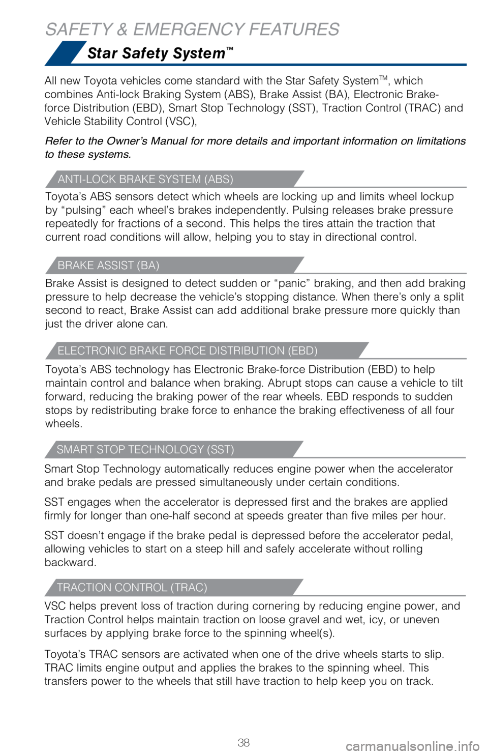 TOYOTA AVALON HYBRID 2018 (in English) Owners Guide 38
SAFETY & EMERGENCY FEATURES
Star Safety System™
ANTI-LOCK BRAKE SYSTEM (ABS)
Toyota’s ABS sensors detect which wheels are locking up and limits wh\
eel lockup
by “pulsing” each wheel’s b TOYOTA AVALON HYBRID 2018 (in English) Owners Guide 38
SAFETY & EMERGENCY FEATURES
Star Safety System™
ANTI-LOCK BRAKE SYSTEM (ABS)
Toyota’s ABS sensors detect which wheels are locking up and limits wh\
eel lockup
by “pulsing” each wheel’s b