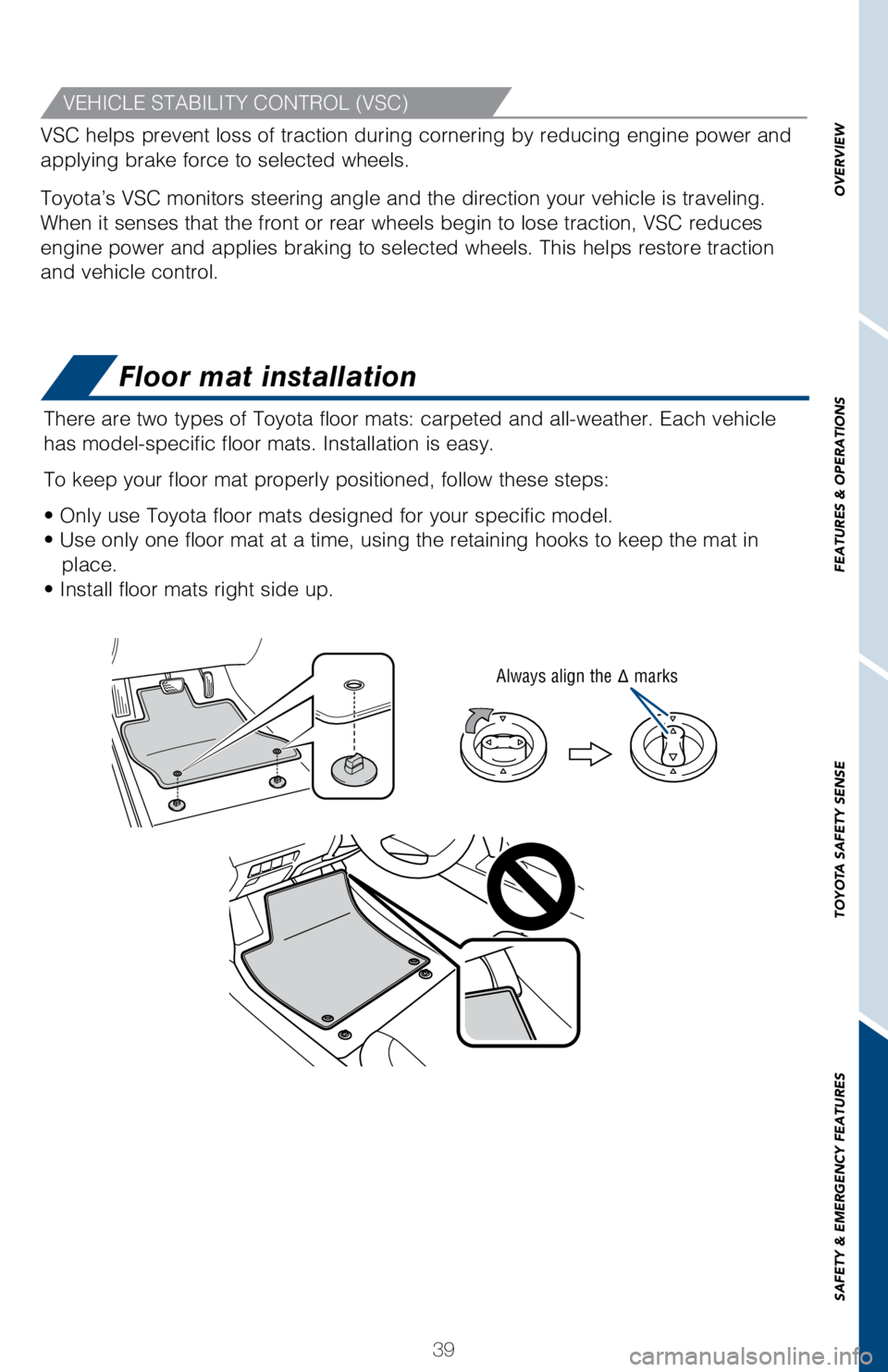 TOYOTA AVALON HYBRID 2018 (in English) Service Manual 39
OVERVIEW
FEATURES & OPERATIONS
TOYOTA SAFETY SENSE
SAFETY & EMERGENCY FEATURES
Floor mat installation
There are two types of Toyota floor mats: carpeted and all-weather. Each\
vehicle
has model-s TOYOTA AVALON HYBRID 2018 (in English) Service Manual 39
OVERVIEW
FEATURES & OPERATIONS
TOYOTA SAFETY SENSE
SAFETY & EMERGENCY FEATURES
Floor mat installation
There are two types of Toyota floor mats: carpeted and all-weather. Each\
vehicle
has model-s