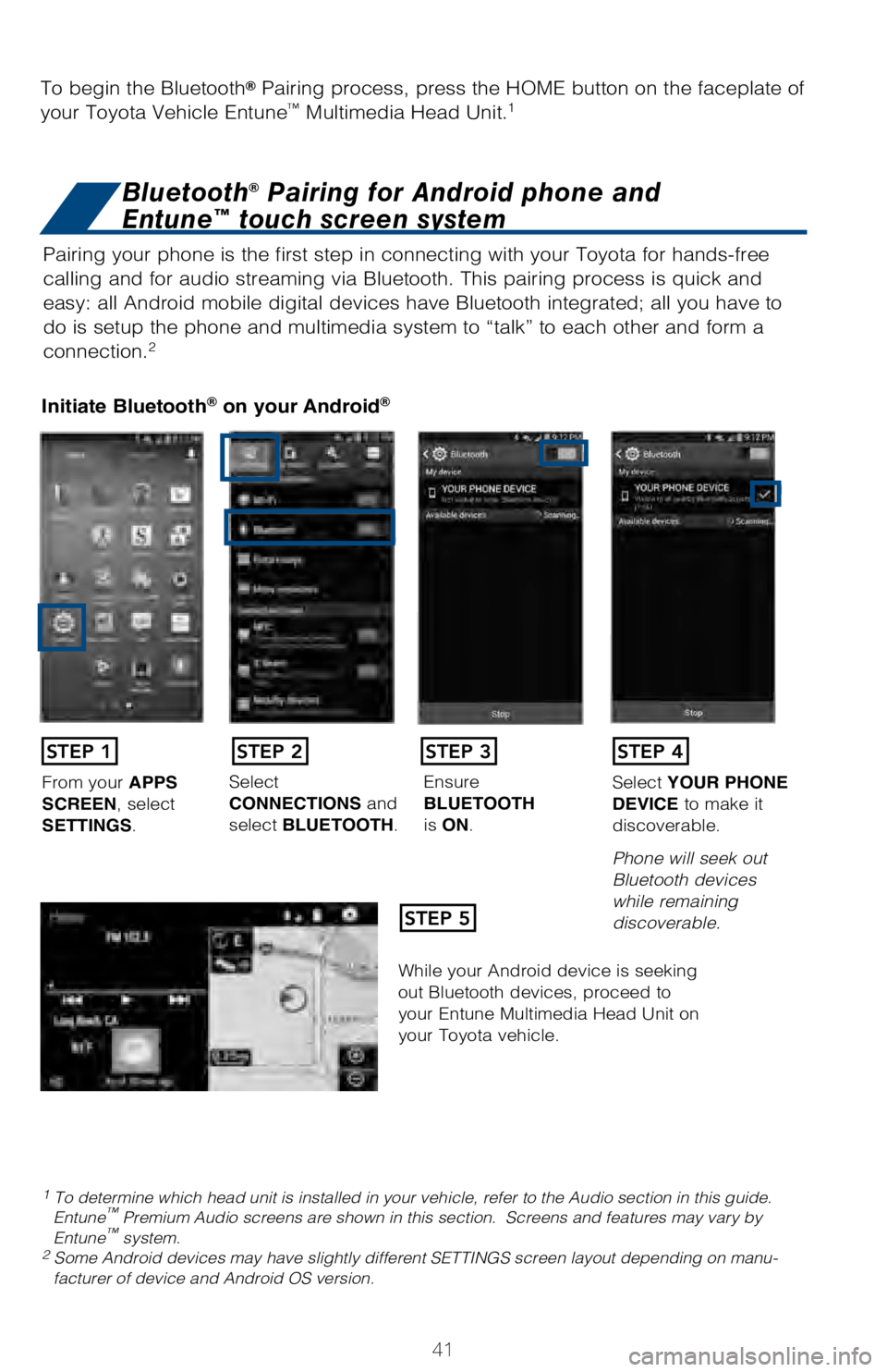 TOYOTA AVALON HYBRID 2018 (in English) Service Manual 41
Pairing your phone is the first step in connecting with your Toyota for \
hands-free
calling and for audio streaming via Bluetooth. This pairing process is q\
uick and
easy: all Android mobile di TOYOTA AVALON HYBRID 2018 (in English) Service Manual 41
Pairing your phone is the first step in connecting with your Toyota for \
hands-free
calling and for audio streaming via Bluetooth. This pairing process is q\
uick and
easy: all Android mobile di