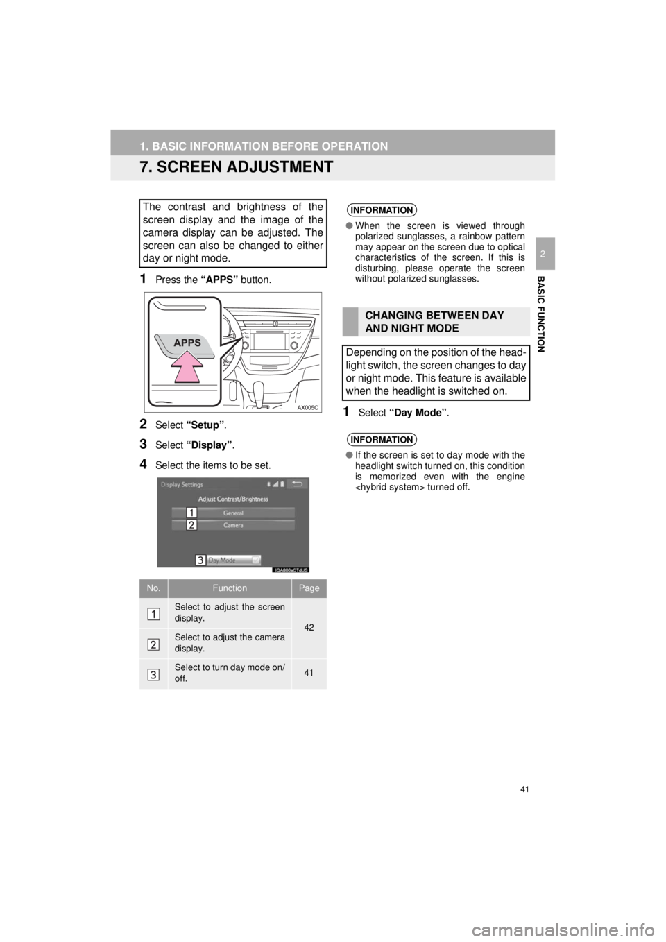 TOYOTA AVALON HYBRID 2018  Accessories, Audio & Navigation (in English) 41
1. BASIC INFORMATION BEFORE OPERATION
AVA L O N _ AVA L O N  H Y B R I D _ N a v i _ U
BASIC FUNCTION
2
7. SCREEN ADJUSTMENT
1Press the “APPS” button.
2Select “Setup” .
3Select “Display�