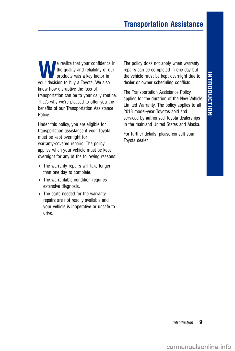 TOYOTA AVALON HYBRID 2018 Warranties & Maintenance Guides (in English) JOBNAME: 2878003-en-2018_Aval PAGE: 9 SESS: 4 OUTPUT: Fri May 5 09:42:48 2017
/InfoShareAuthorCODA/InfoShareAuthorCODA/TS_Warr_Maint/2878003-en-2018_A\
valon_Hybrid.00505-18WMG-AVAHV/TS_Warr_Maint_v1
TOYOTA AVALON HYBRID 2018 Warranties & Maintenance Guides (in English) JOBNAME: 2878003-en-2018_Aval PAGE: 9 SESS: 4 OUTPUT: Fri May 5 09:42:48 2017
/InfoShareAuthorCODA/InfoShareAuthorCODA/TS_Warr_Maint/2878003-en-2018_A\
valon_Hybrid.00505-18WMG-AVAHV/TS_Warr_Maint_v1