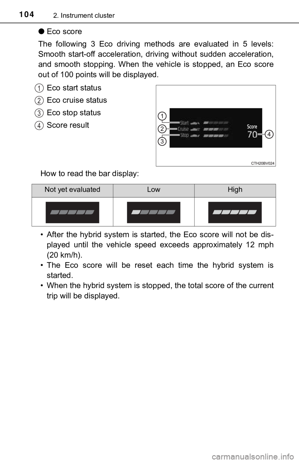 TOYOTA AVALON HYBRID 2019 Owners Manual (in English) 1042. Instrument cluster
●Eco score
The following 3 Eco driving met hods are evaluated in 5 levels:
Smooth start-off acceleration, driving without sudden accelerat ion,
and smooth TOYOTA AVALON HYBRID 2019 Owners Manual (in English) 1042. Instrument cluster
●Eco score
The following 3 Eco driving met hods are evaluated in 5 levels:
Smooth start-off acceleration, driving without sudden accelerat ion,
and smooth