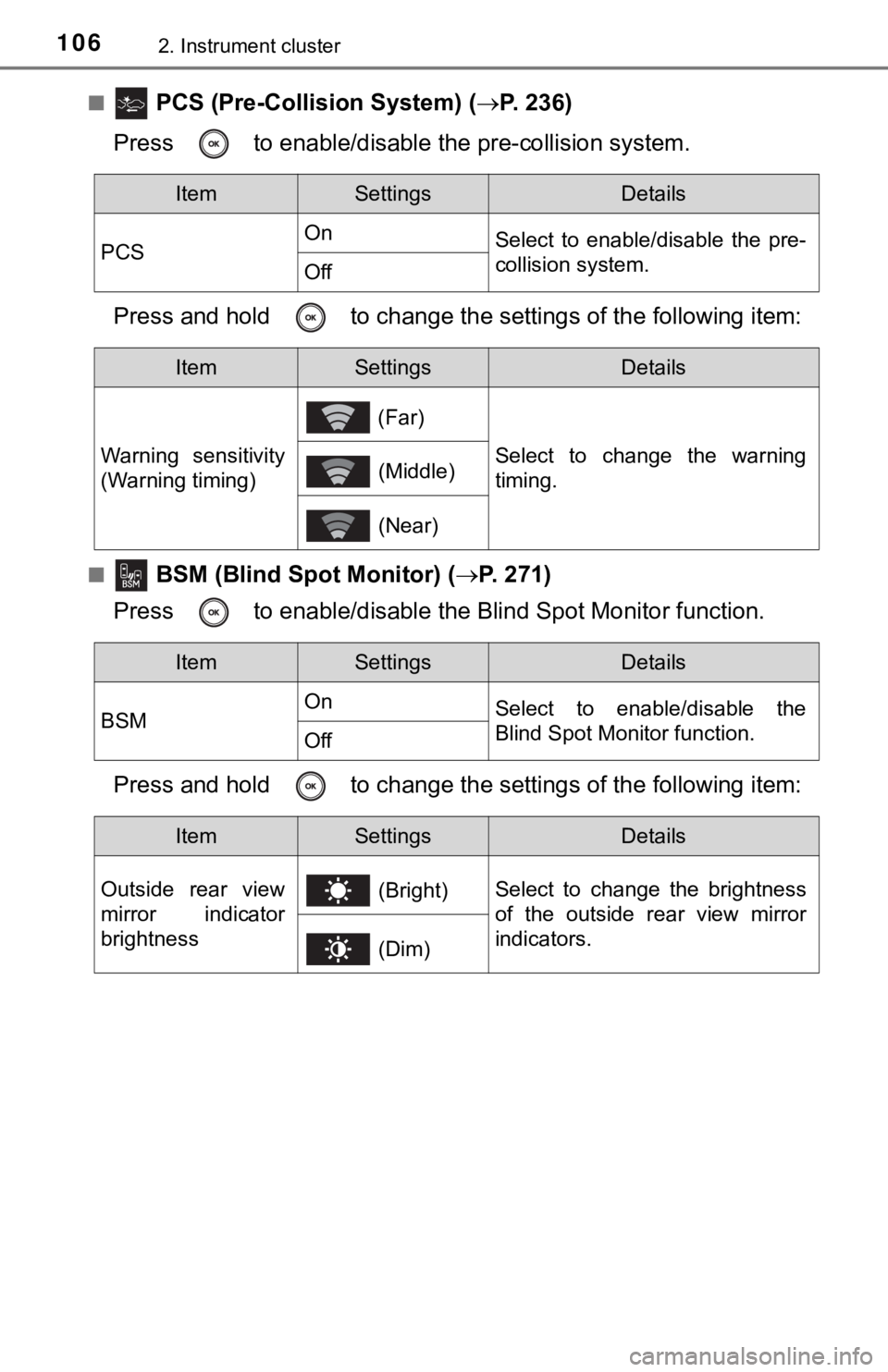 TOYOTA AVALON HYBRID 2019 Owners Manual (in English) 1062. Instrument cluster
■ PCS (Pre-Collision System) (P. 236)
Press to enable/disable the pre-collision system.
Press and hold to c hange the settings of the following item:
■ BSM (Blind TOYOTA AVALON HYBRID 2019 Owners Manual (in English) 1062. Instrument cluster
■ PCS (Pre-Collision System) (P. 236)
Press to enable/disable the pre-collision system.
Press and hold to c hange the settings of the following item:
■ BSM (Blind