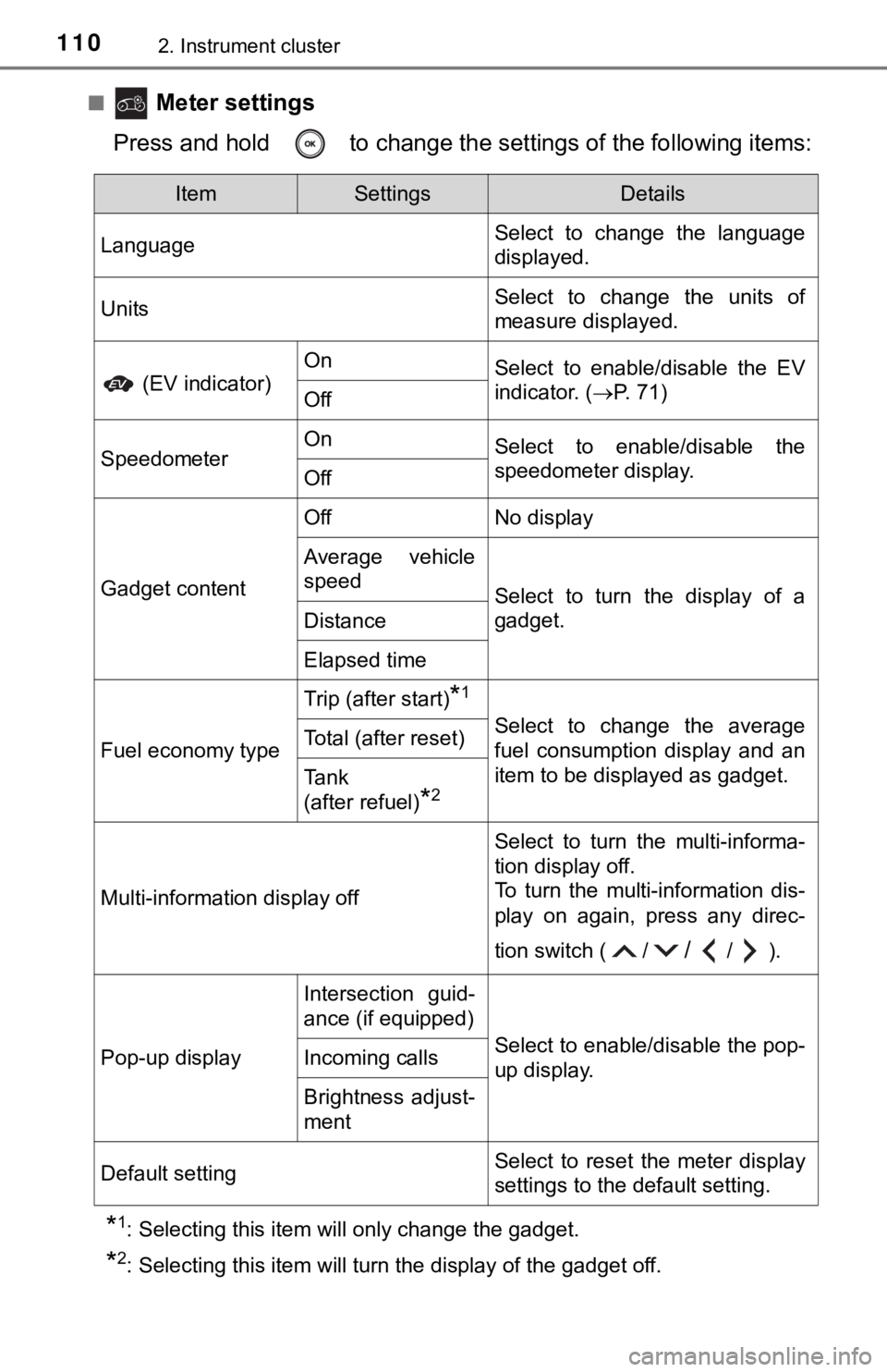 TOYOTA AVALON HYBRID 2019 Owners Manual (in English) 1102. Instrument cluster
■ Meter settings
Press and hold to change the se ttings of the following items:
*1: Selecting this item will only change the gadget.
*2: Selecting this item will turn the TOYOTA AVALON HYBRID 2019 Owners Manual (in English) 1102. Instrument cluster
■ Meter settings
Press and hold to change the se ttings of the following items:
*1: Selecting this item will only change the gadget.
*2: Selecting this item will turn the