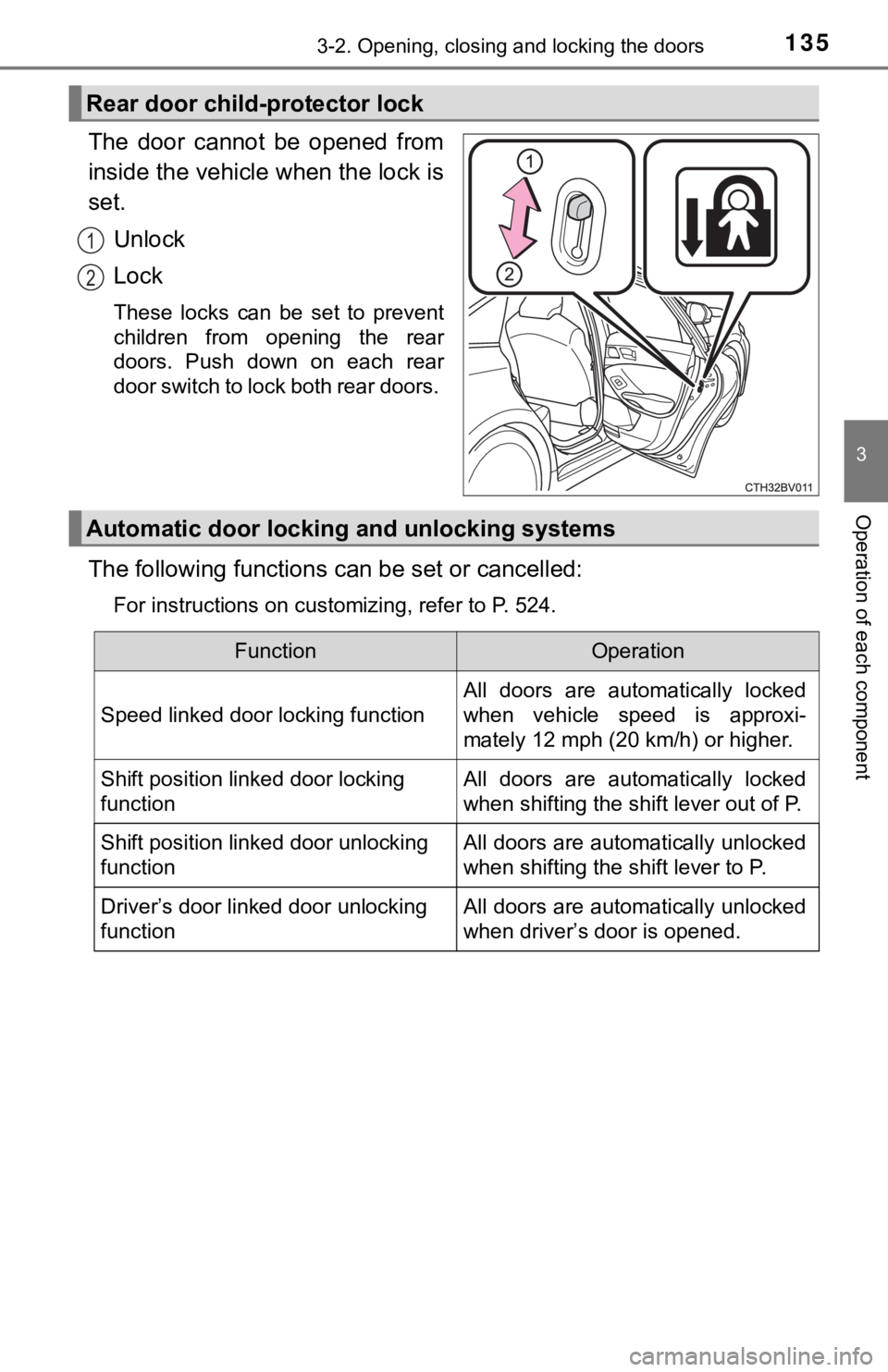 TOYOTA AVALON HYBRID 2019 Owners Manual (in English) 1353-2. Opening, closing and locking the doors
3
Operation of each component
The door cannot be opened from
inside the vehicle when the lock is
set.
Unlock
Lock
These locks can be set to pr TOYOTA AVALON HYBRID 2019 Owners Manual (in English) 1353-2. Opening, closing and locking the doors
3
Operation of each component
The door cannot be opened from
inside the vehicle when the lock is
set.
Unlock
Lock
These locks can be set to pr