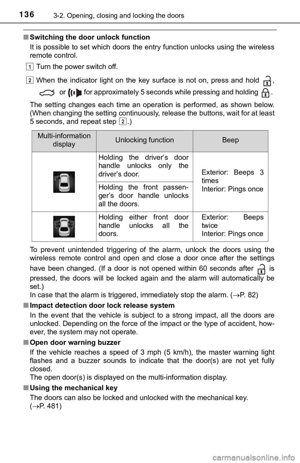 TOYOTA AVALON HYBRID 2019 Owners Manual (in English) 1363-2. Opening, closing and locking the doors
■Switching the door unlock function
It is possible to set which doors the entry function unlocks us ing the wireless
remote control.
Turn the power sw TOYOTA AVALON HYBRID 2019 Owners Manual (in English) 1363-2. Opening, closing and locking the doors
■Switching the door unlock function
It is possible to set which doors the entry function unlocks us ing the wireless
remote control.
Turn the power sw