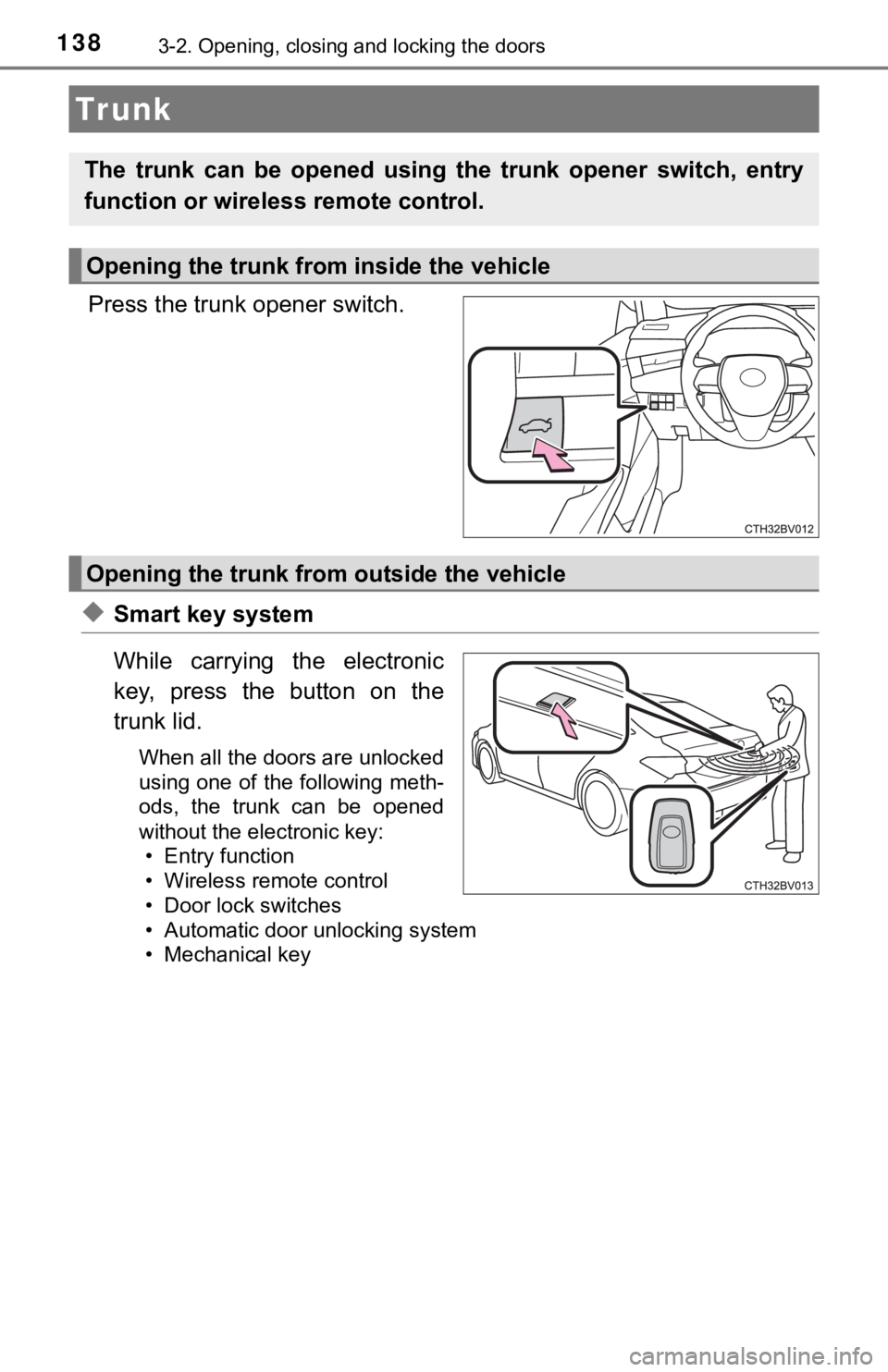 TOYOTA AVALON HYBRID 2019 Owners Manual (in English) 1383-2. Opening, closing and locking the doors
Press the trunk opener switch.
◆Smart key system
While carrying the electronic
key, press the button on the
trunk lid.
When all the doors are u TOYOTA AVALON HYBRID 2019 Owners Manual (in English) 1383-2. Opening, closing and locking the doors
Press the trunk opener switch.
◆Smart key system
While carrying the electronic
key, press the button on the
trunk lid.
When all the doors are u