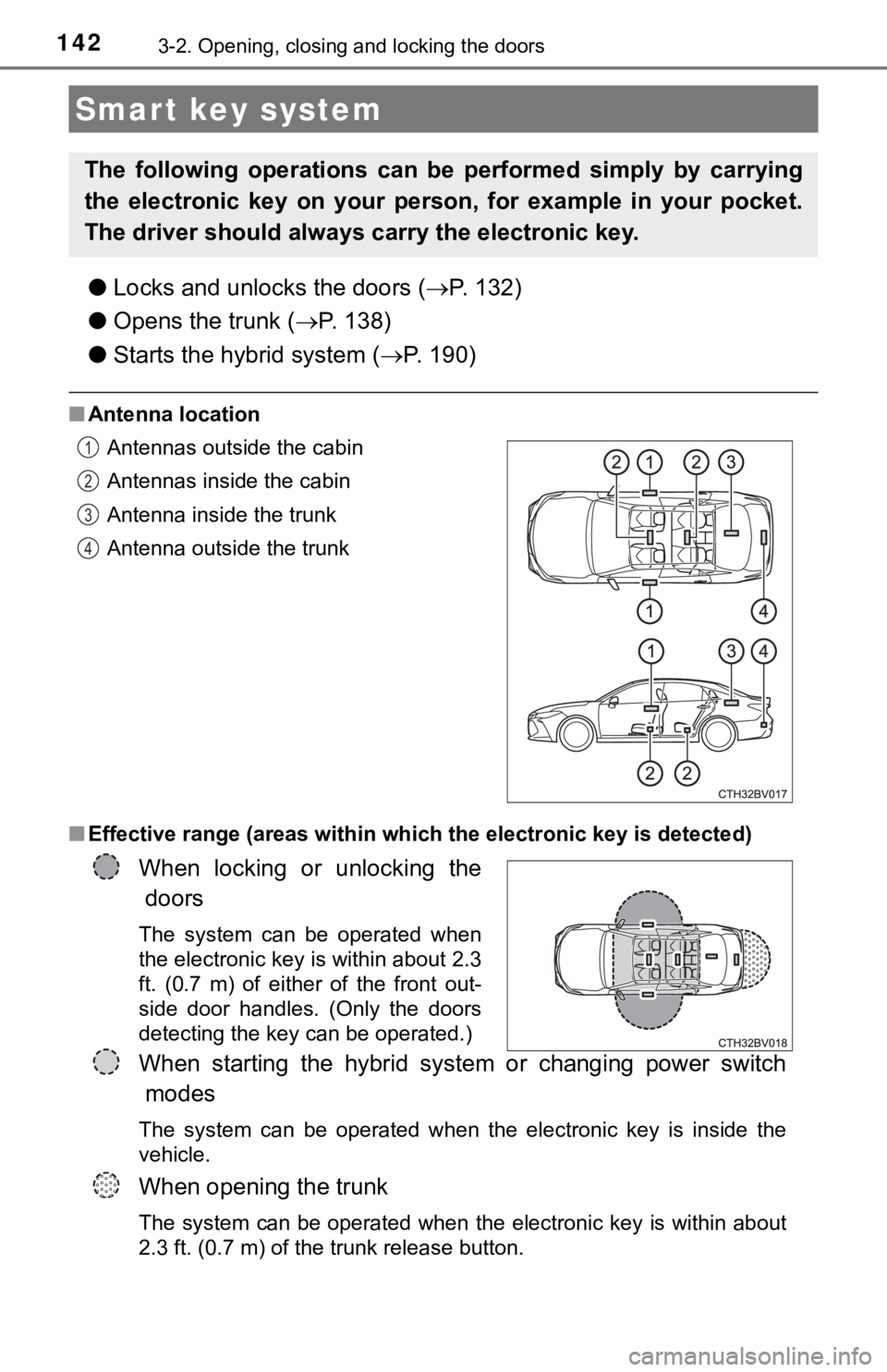 TOYOTA AVALON HYBRID 2019 Owners Manual (in English) 1423-2. Opening, closing and locking the doors
●Locks and unloc ks the doors (P. 132)
● Opens the trunk ( P. 1 3 8 )
● Starts the hybrid system ( P. 1 9 0 )
■Antenna location
■ TOYOTA AVALON HYBRID 2019 Owners Manual (in English) 1423-2. Opening, closing and locking the doors
●Locks and unloc ks the doors (P. 132)
● Opens the trunk ( P. 1 3 8 )
● Starts the hybrid system ( P. 1 9 0 )
■Antenna location
■