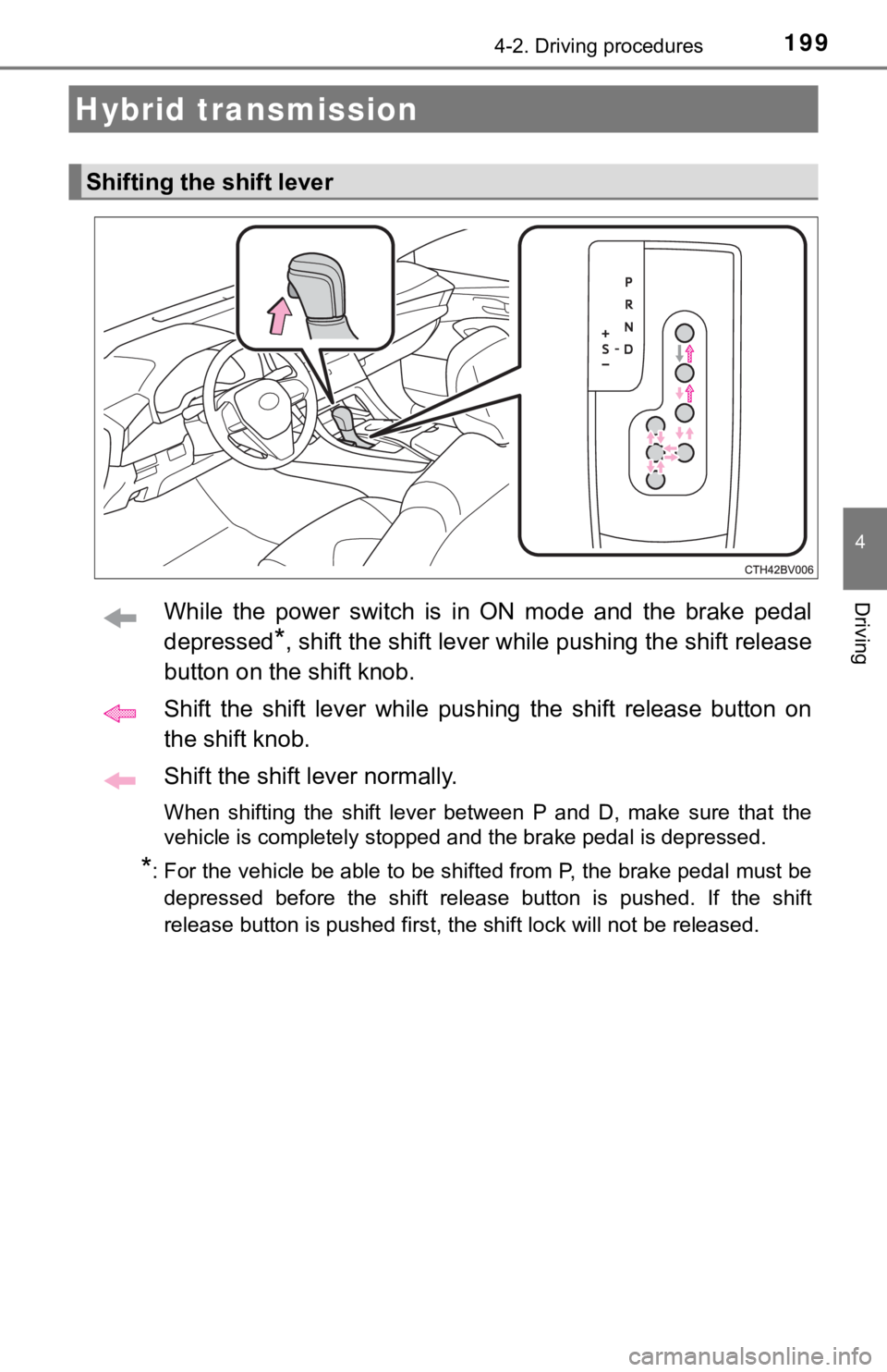 TOYOTA AVALON HYBRID 2019 Owners Manual (in English) 1994-2. Driving procedures
4
DrivingWhile the power switch is in ON mode and the brake pedal
depressed
*, shift the shift lever while pushing the shift release
button on the shift knob.
Shi TOYOTA AVALON HYBRID 2019 Owners Manual (in English) 1994-2. Driving procedures
4
DrivingWhile the power switch is in ON mode and the brake pedal
depressed
*, shift the shift lever while pushing the shift release
button on the shift knob.
Shi