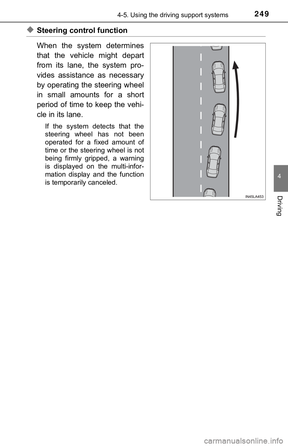 TOYOTA AVALON HYBRID 2019 Owners Manual (in English) 2494-5. Using the driving support systems
4
Driving
◆Steering control function
When the system determines
that the vehicle might depart
from its lane, the system pro-
vides assistance TOYOTA AVALON HYBRID 2019 Owners Manual (in English) 2494-5. Using the driving support systems
4
Driving
◆Steering control function
When the system determines
that the vehicle might depart
from its lane, the system pro-
vides assistance