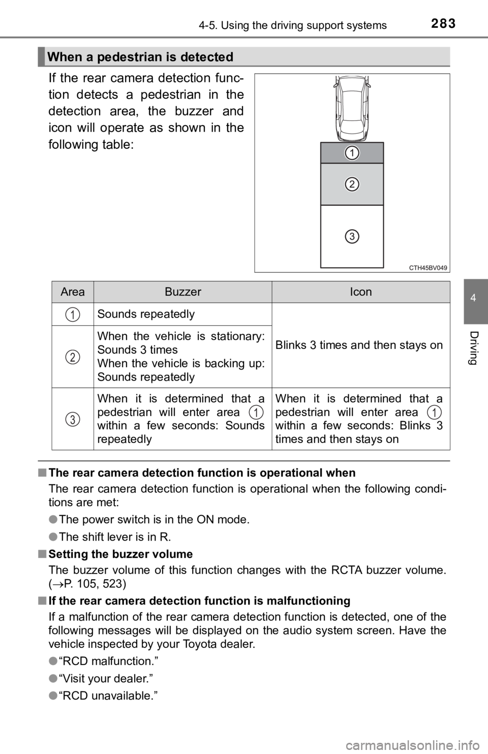 TOYOTA AVALON HYBRID 2019 Owners Manual (in English) 2834-5. Using the driving support systems
4
Driving
If the rear camera detection func-
tion detects a pedestrian in the
detection area, the buzzer and
icon will operate as shown in TOYOTA AVALON HYBRID 2019 Owners Manual (in English) 2834-5. Using the driving support systems
4
Driving
If the rear camera detection func-
tion detects a pedestrian in the
detection area, the buzzer and
icon will operate as shown in