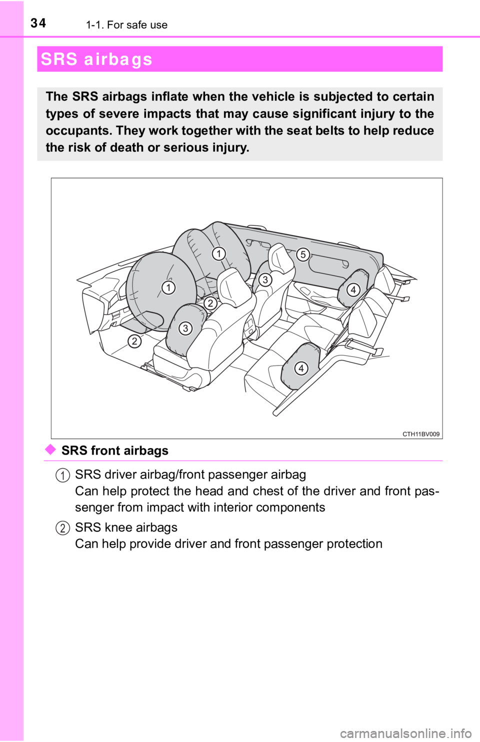 TOYOTA AVALON HYBRID 2019 (in English) Owners Guide 341-1. For safe use
◆SRS front airbagsSRS driver airbag/front passenger airbag
Can help protect the head and c hest of the driver and front pas-
senger from impact with interior components
SRS knee TOYOTA AVALON HYBRID 2019 (in English) Owners Guide 341-1. For safe use
◆SRS front airbagsSRS driver airbag/front passenger airbag
Can help protect the head and c hest of the driver and front pas-
senger from impact with interior components
SRS knee