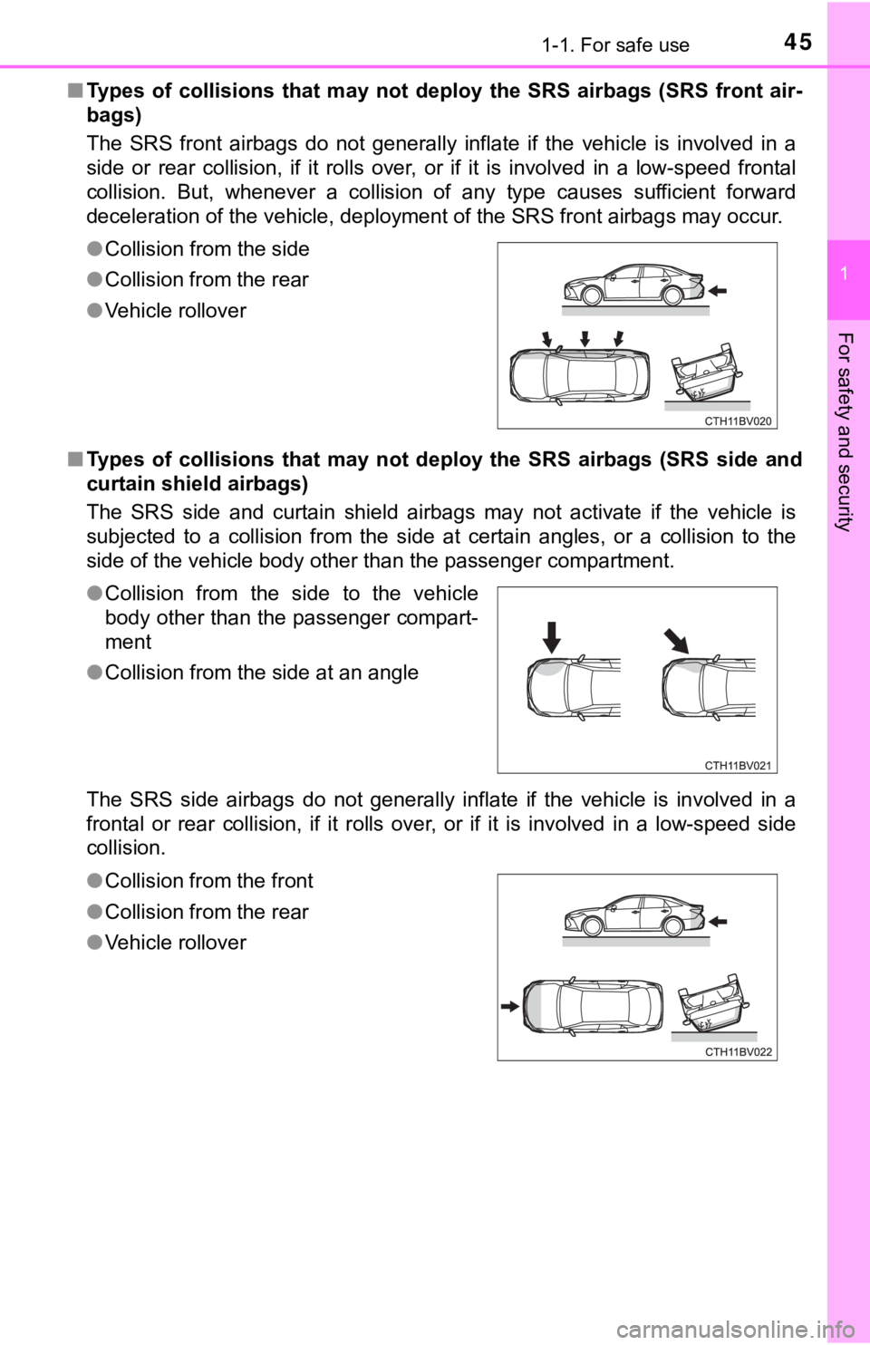 TOYOTA AVALON HYBRID 2019 (in English) Service Manual 451-1. For safe use
1
For safety and security
■Types of collisions that may not deploy the SRS airbags (SRS fr ont air-
bags)
The SRS front airbags do not generally inflate if t TOYOTA AVALON HYBRID 2019 (in English) Service Manual 451-1. For safe use
1
For safety and security
■Types of collisions that may not deploy the SRS airbags (SRS fr ont air-
bags)
The SRS front airbags do not generally inflate if t