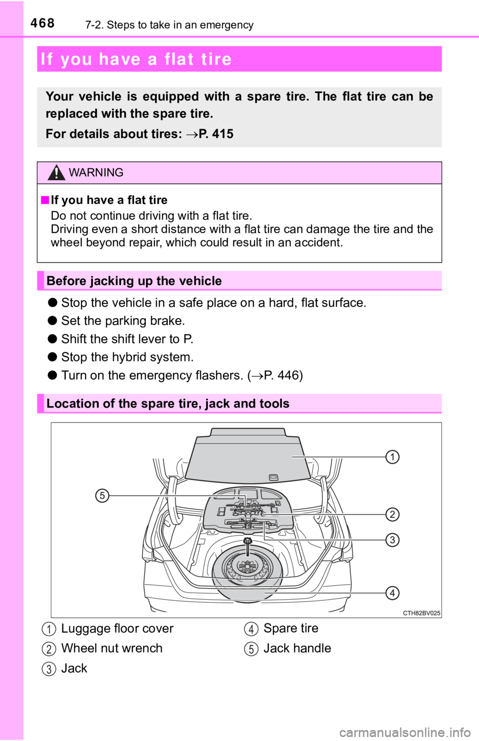 TOYOTA AVALON HYBRID 2019  Owners Manual (in English) 4687-2. Steps to take in an emergency
●Stop the vehicle in  a safe place on a hard, flat surface.
● Set the parking brake.
● Shift the shift lever to P.
● Stop the hybrid system.
● Turn on t
