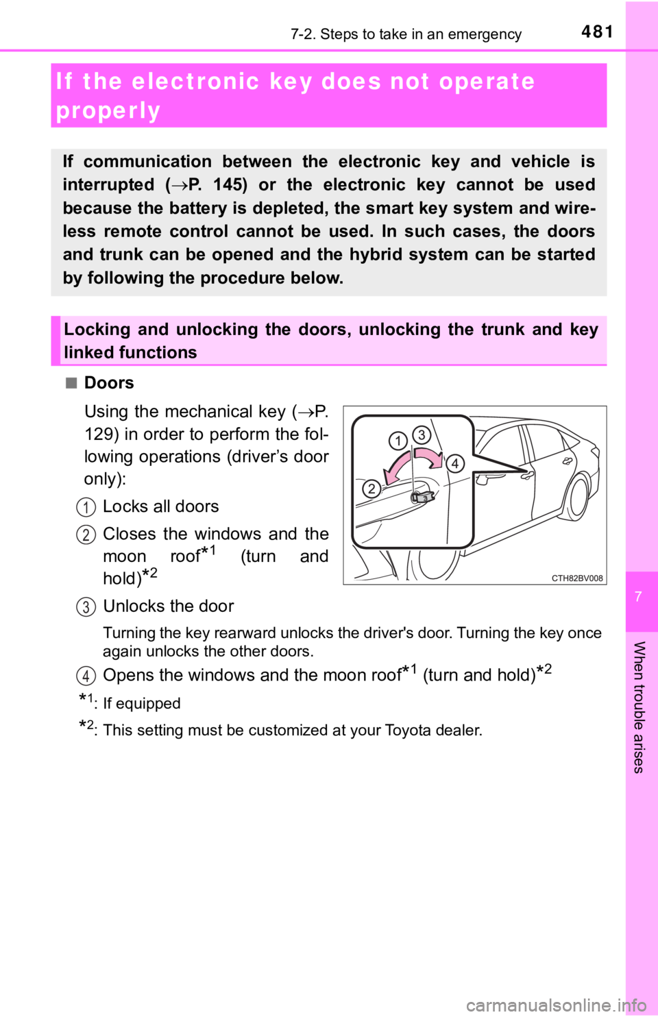 TOYOTA AVALON HYBRID 2019  Owners Manual (in English) 4817-2. Steps to take in an emergency
7
When trouble arises
■Doors
Using  the  mechanical  key  (P.
129) in order to perform the fol-
lowing operations  (driver’s door
only):
Locks all doors
Cl