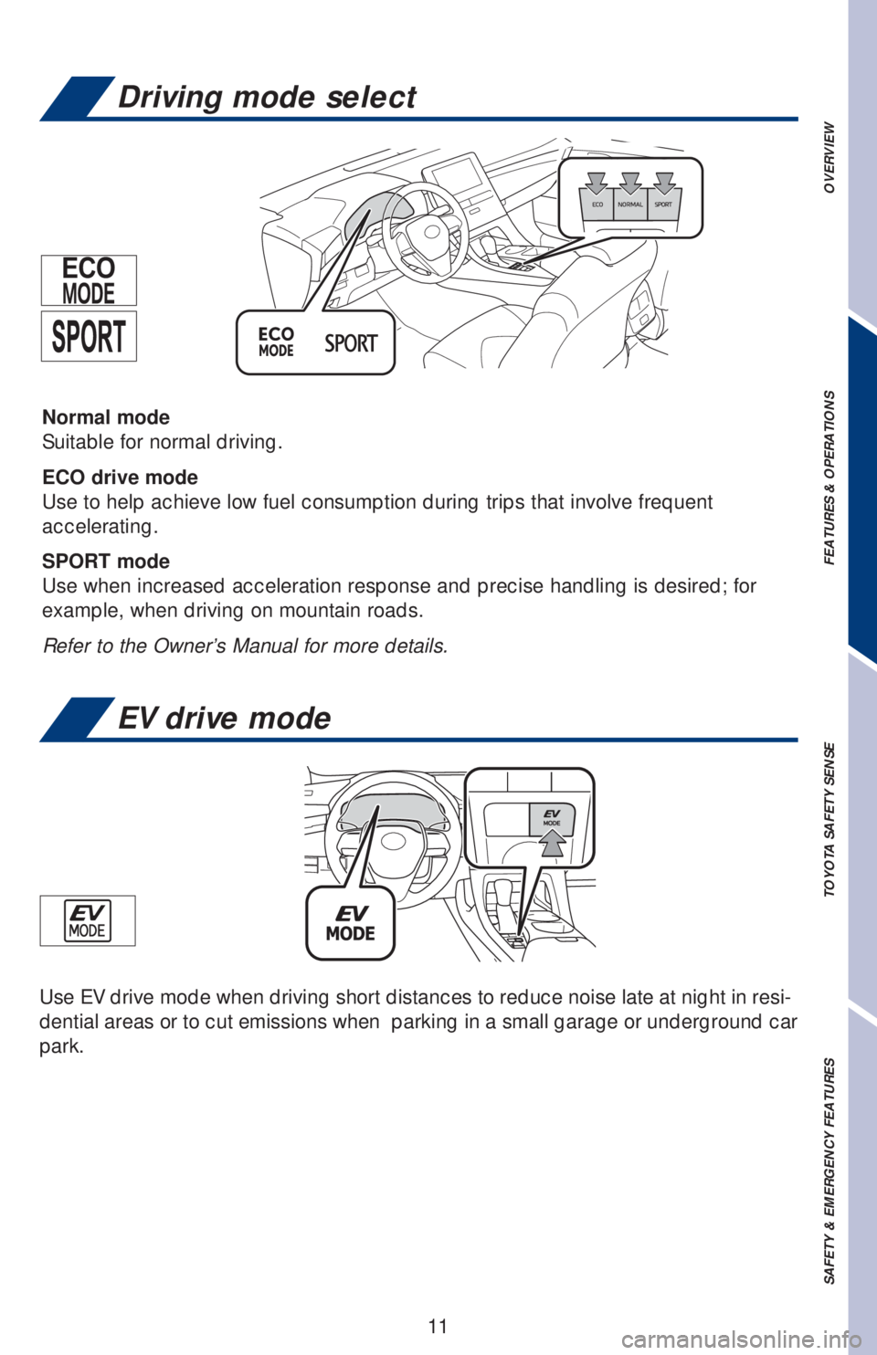 TOYOTA AVALON HYBRID 2019   (in English) User Guide 11
Driving mode select
EV drive mode
Normal mode
Suitable for normal driving.
ECO drive mode 
Use to help achieve low fuel consumption during trips that involve frequent 
accelerating. 
SPORT mode
Use