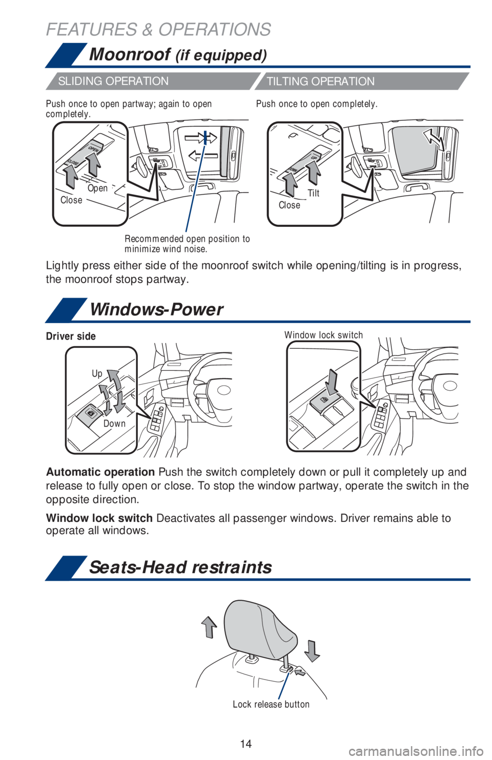 TOYOTA AVALON HYBRID 2019 (in English) User Guide 14
Windows-Power
Moonroof (if equipped)
Seats-Head restraints
FEATURES & OPERATIONS
Automatic operation Push the switch completely down or pull it completely up and
release to fully open or close. To TOYOTA AVALON HYBRID 2019 (in English) User Guide 14
Windows-Power
Moonroof (if equipped)
Seats-Head restraints
FEATURES & OPERATIONS
Automatic operation Push the switch completely down or pull it completely up and
release to fully open or close. To