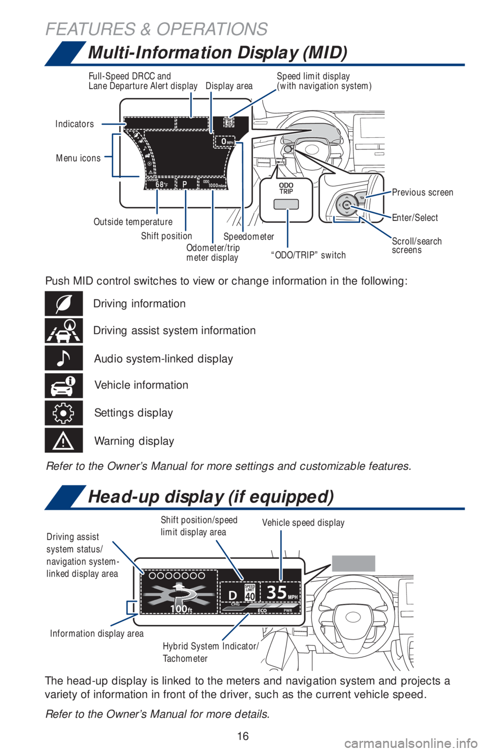 TOYOTA AVALON HYBRID 2019 (in English) User Guide 16
FEATURES & OPERATIONS
Multi-Information Display (MID)
Head-up display (if equipped)
Refer to the Owner’s Manual for more settings and customizable features.
Previous screen
Indicators
Enter/Selec TOYOTA AVALON HYBRID 2019 (in English) User Guide 16
FEATURES & OPERATIONS
Multi-Information Display (MID)
Head-up display (if equipped)
Refer to the Owner’s Manual for more settings and customizable features.
Previous screen
Indicators
Enter/Selec