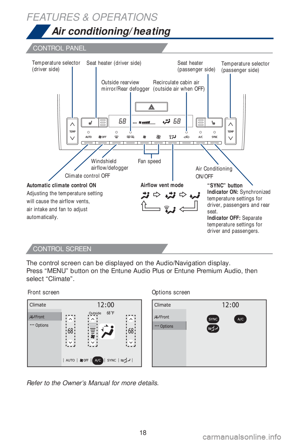 TOYOTA AVALON HYBRID 2019 (in English) User Guide 18
FEATURES & OPERATIONS
CONTROL PANEL
CONTROL SCREEN
Air conditioning/heating
Temperature selector
(driver side)Seat heater (driver side) Seat heater
(passenger side)
Windshield
airflow/defogger
TOYOTA AVALON HYBRID 2019 (in English) User Guide 18
FEATURES & OPERATIONS
CONTROL PANEL
CONTROL SCREEN
Air conditioning/heating
Temperature selector
(driver side)Seat heater (driver side) Seat heater
(passenger side)
Windshield
airflow/defogger