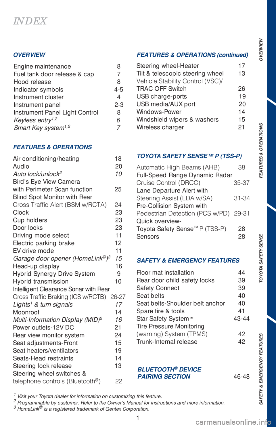 TOYOTA AVALON HYBRID 2019  Owners Manual (in English) 1
INDEX
Engine maintenance  8
Fuel tank door release & cap  7
Hood release   8
Indicator symbols  4-5
Instrument cluster  4
Instrument panel  2-3
Instrument Panel Light Control  8
Keyless entry
1,2 6
