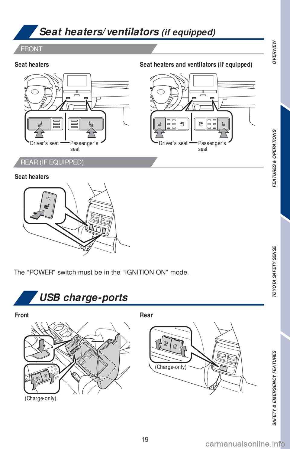 TOYOTA AVALON HYBRID 2019   (in English) Owners Manual 19
FRONT
REAR (IF EQUIPPED)
Seat heaters/ventilators (if equipped)
Seat heaters
Seat heatersSeat heaters and ventilators (if equipped)
Driver’s seatPassenger’s 
seatPassenger’s 
seatDriver’s s