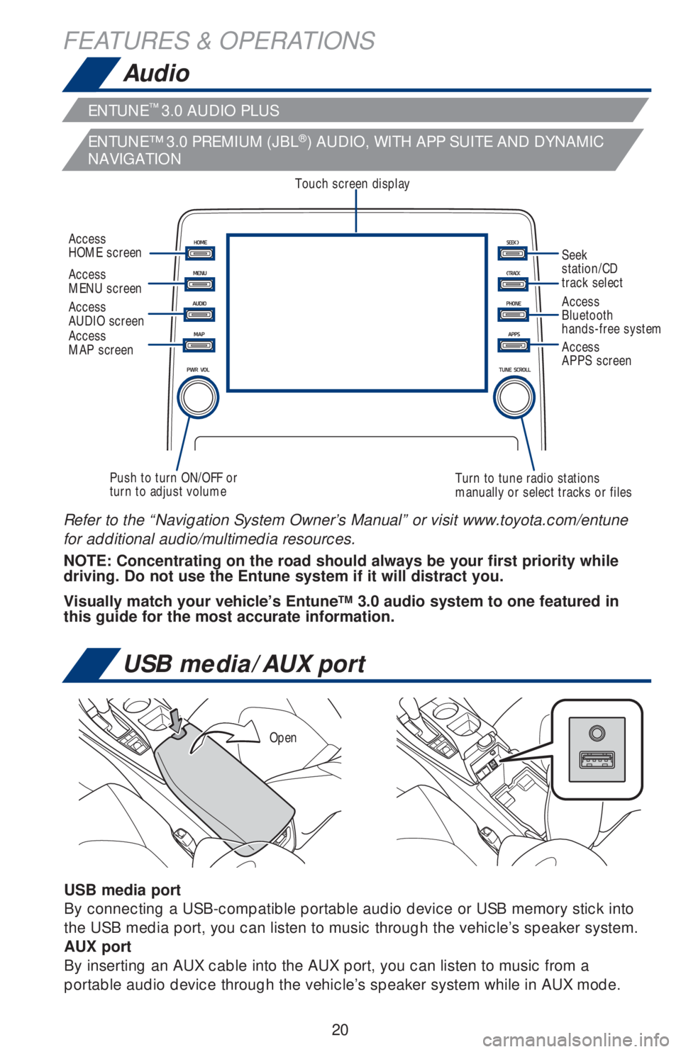 TOYOTA AVALON HYBRID 2019   (in English) Owners Manual 20
FEATURES & OPERATIONS
Audio
Touch screen display
Access  
AUDIO screen
Push to turn ON/OFF or 
turn to adjust volumeTurn to tune radio stations 
manually or select tracks or filesAccess  
Bluetooth