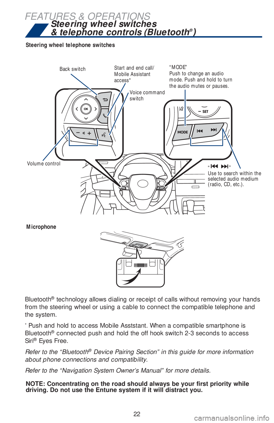 TOYOTA AVALON HYBRID 2019   (in English) Owners Manual 22
FEATURES & OPERATIONS
Steering wheel telephone switches
Microphone
Bluetooth® technology allows dialing or receipt of calls without removing your hands 
from the steering wheel or using a cable to