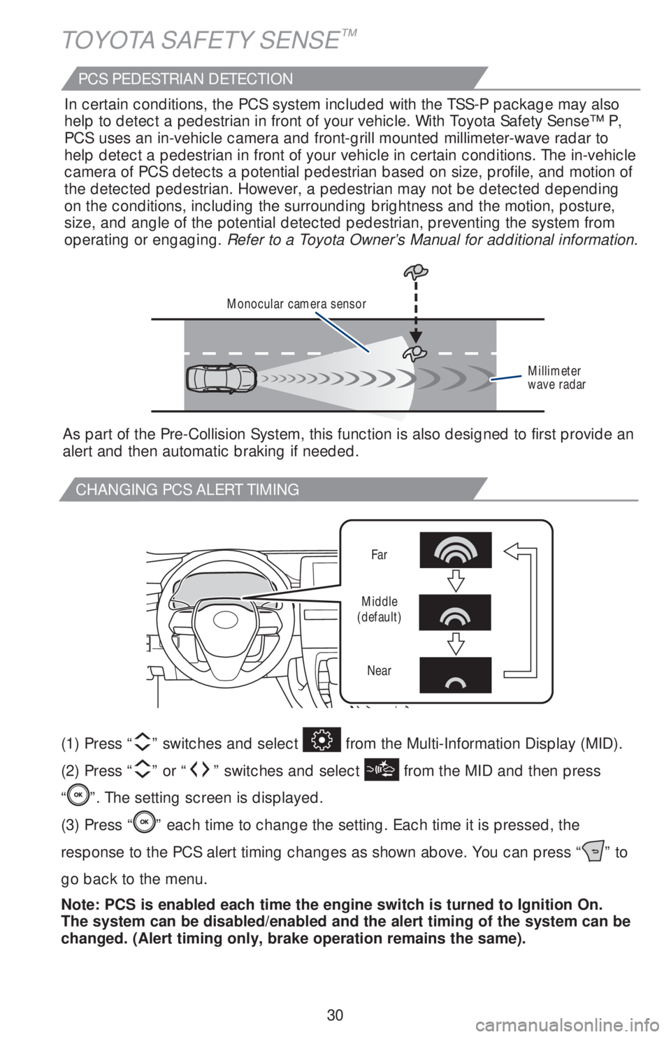 TOYOTA AVALON HYBRID 2019   (in English) Owners Guide 30
TOYOTA SAFETY SENSE™
CHANGING PCS ALERT TIMING
(1) Press “” switches and select  from the Multi-Information Display (MID).  
(2) Press “
” or “” switches and select  from the MID and 