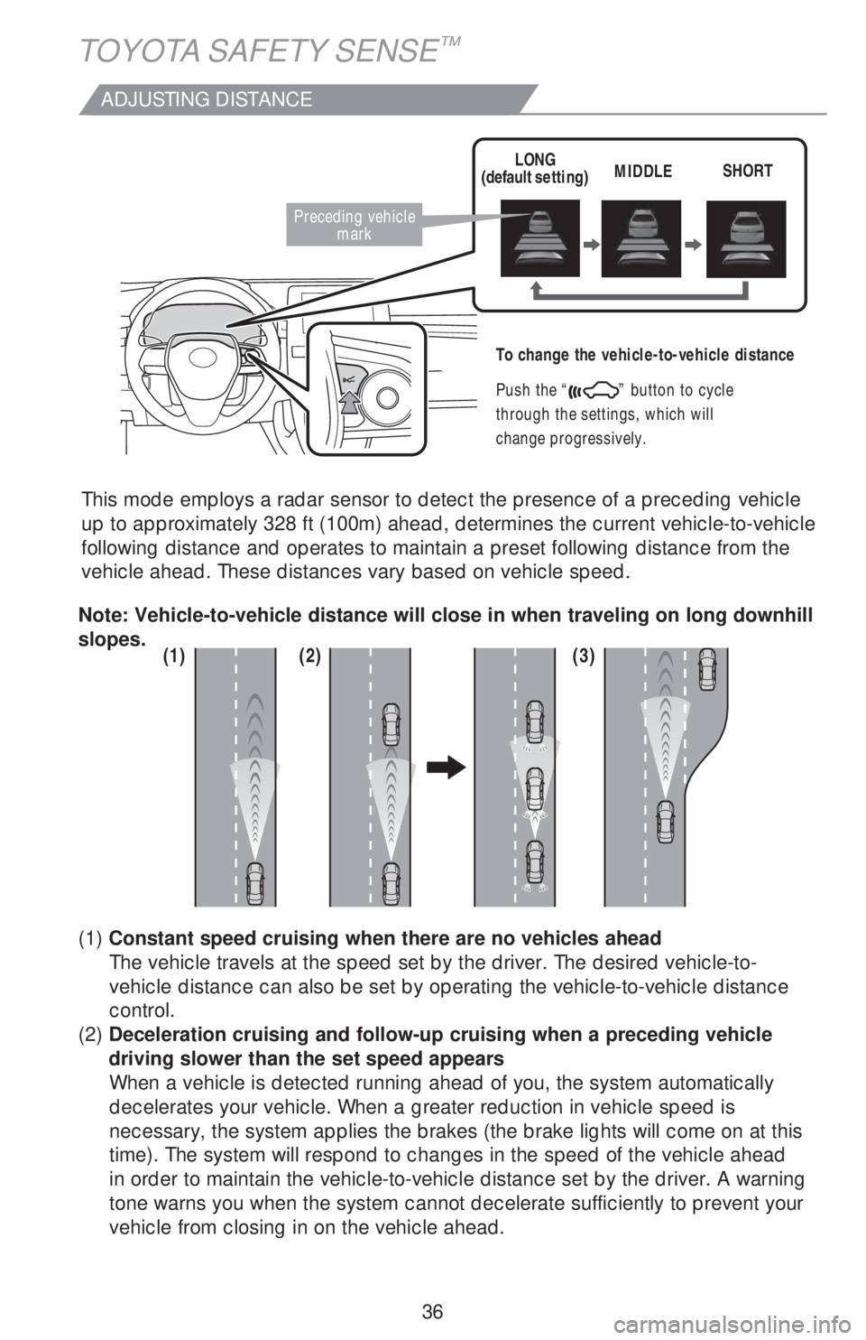 TOYOTA AVALON HYBRID 2019 (in English) Owners Guide 36
TOYOTA SAFETY SENSE™
ADJUSTING DISTANCE
This mode employs a radar sensor to detect the presence of a preceding vehicle
up to approximately 328 ft (100m) ahead, determines the current vehicle-to- TOYOTA AVALON HYBRID 2019 (in English) Owners Guide 36
TOYOTA SAFETY SENSE™
ADJUSTING DISTANCE
This mode employs a radar sensor to detect the presence of a preceding vehicle
up to approximately 328 ft (100m) ahead, determines the current vehicle-to-