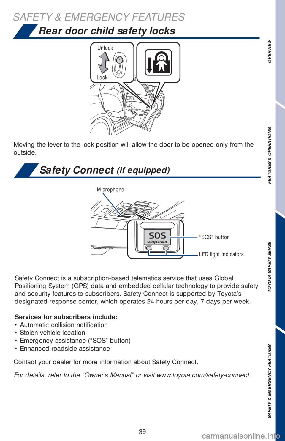 TOYOTA AVALON HYBRID 2019   (in English) Service Manual 39
Moving the lever to the lock position will allow the door to be opened only from the 
outside.
Safety Connect (if equipped) 
Safety Connect is a subscription-based telematics service that uses Glob