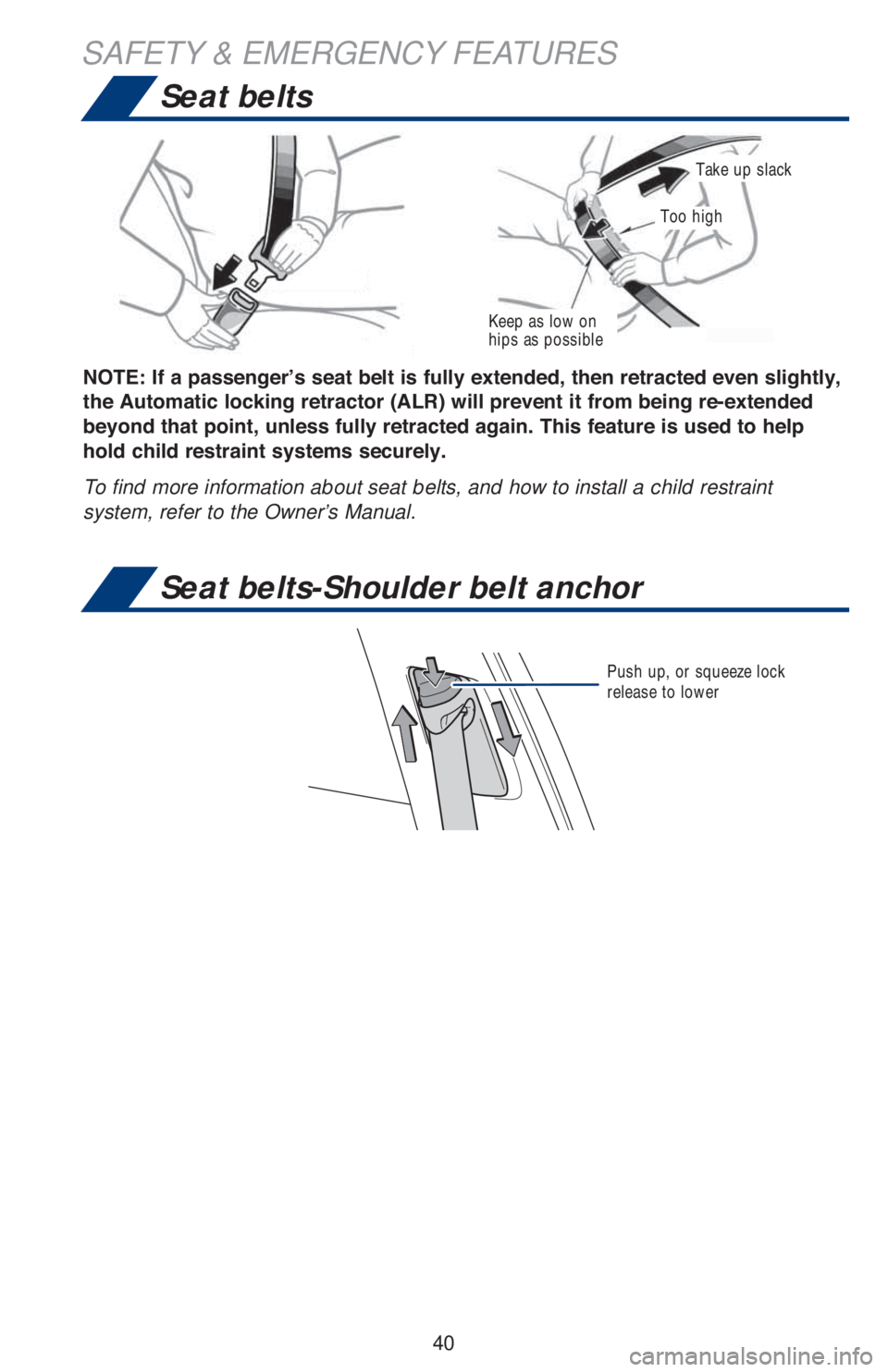 TOYOTA AVALON HYBRID 2019   (in English) Service Manual 40
Keep as low on 
hips as possible
Take up slack
Too high
�1�2�7�(���,�I��D��S�D�V�V�H�Q�J�H�U�