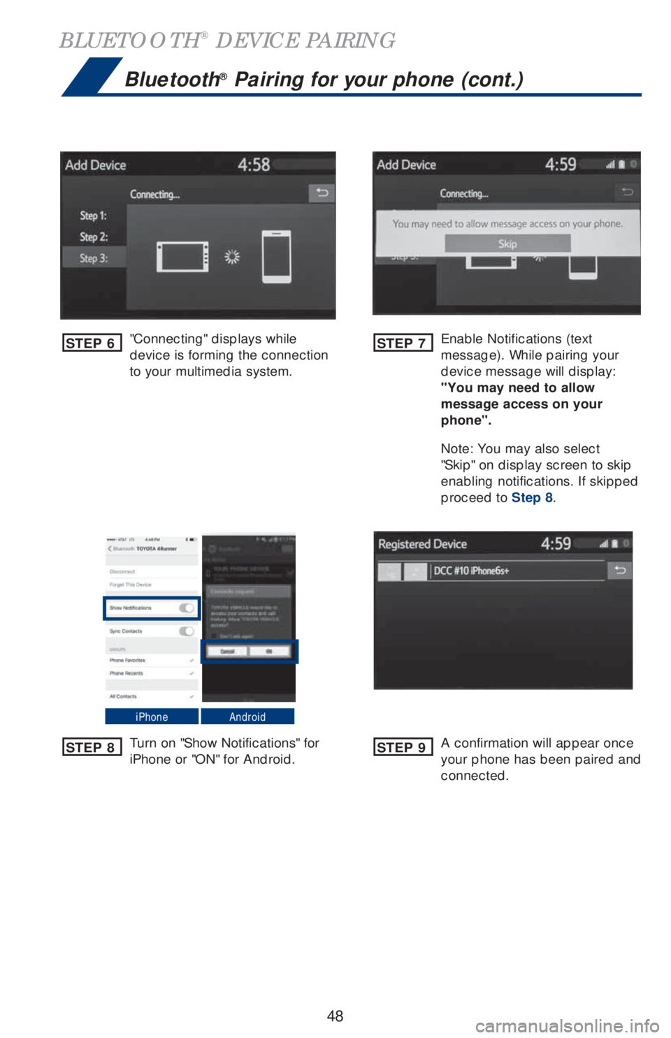 TOYOTA AVALON HYBRID 2019  Owners Manual (in English) 48
BLUETOOTH® DEVICE PAIRING
"Connecting" displays while 
device is forming the connection 
to your multimedia system.Enable Notifications (text 
message). While pairing your 
device message will dis