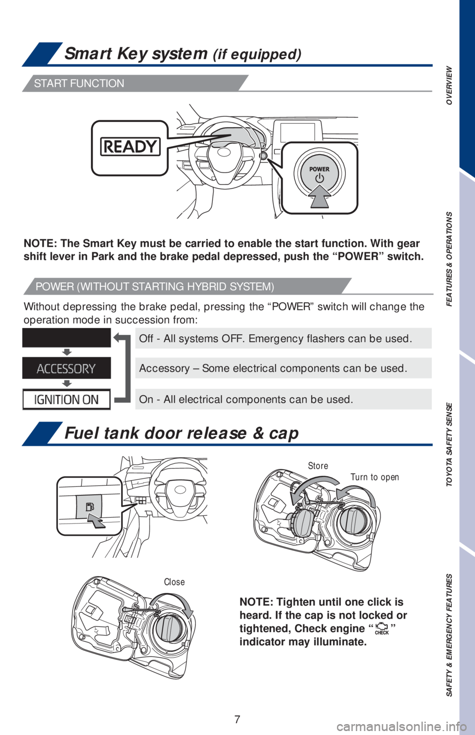 TOYOTA AVALON HYBRID 2019  Owners Manual (in English) 7
Smart Key system (if equipped)
Fuel tank door release & cap
Without depressing the brake pedal, pressing the “POWER” switch will change the 
operation mode in succession from:
NOTE: The Smart Ke