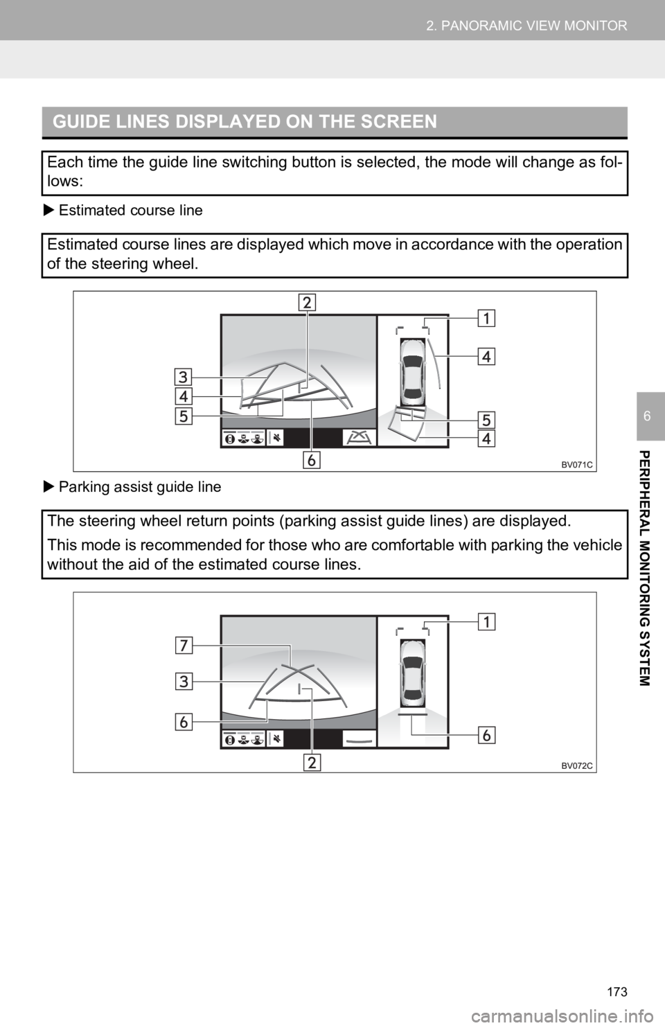 TOYOTA AVALON HYBRID 2019 Accessories, Audio & Navigation (in English) 173
2. PANORAMIC VIEW MONITOR
PERIPHERAL MONITORING SYSTEM
6
Estimated course line
Parking assist guide line
GUIDE LINES DISPLAYED ON THE SCREEN
Each time the guide line switching button is sel TOYOTA AVALON HYBRID 2019 Accessories, Audio & Navigation (in English) 173
2. PANORAMIC VIEW MONITOR
PERIPHERAL MONITORING SYSTEM
6
Estimated course line
Parking assist guide line
GUIDE LINES DISPLAYED ON THE SCREEN
Each time the guide line switching button is sel