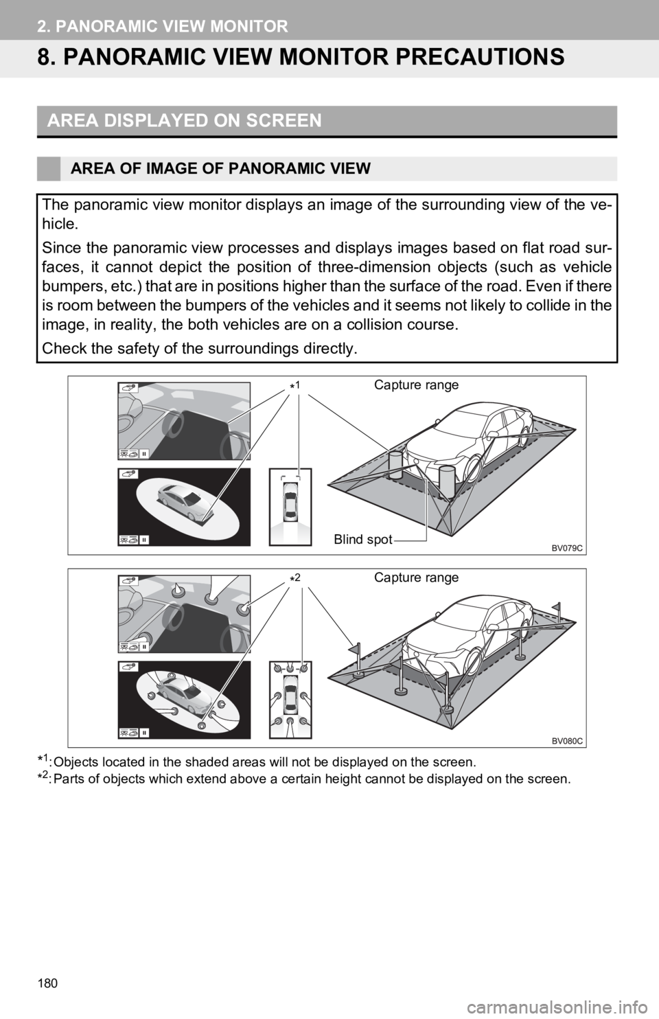 TOYOTA AVALON HYBRID 2019 Accessories, Audio & Navigation (in English) 180
2. PANORAMIC VIEW MONITOR
8. PANORAMIC VIEW MONITOR PRECAUTIONS
*1: Objects located in the shaded areas will not be displayed on t he screen.
*2: Parts of objects which extend ab ove a certain hei TOYOTA AVALON HYBRID 2019 Accessories, Audio & Navigation (in English) 180
2. PANORAMIC VIEW MONITOR
8. PANORAMIC VIEW MONITOR PRECAUTIONS
*1: Objects located in the shaded areas will not be displayed on t he screen.
*2: Parts of objects which extend ab ove a certain hei
