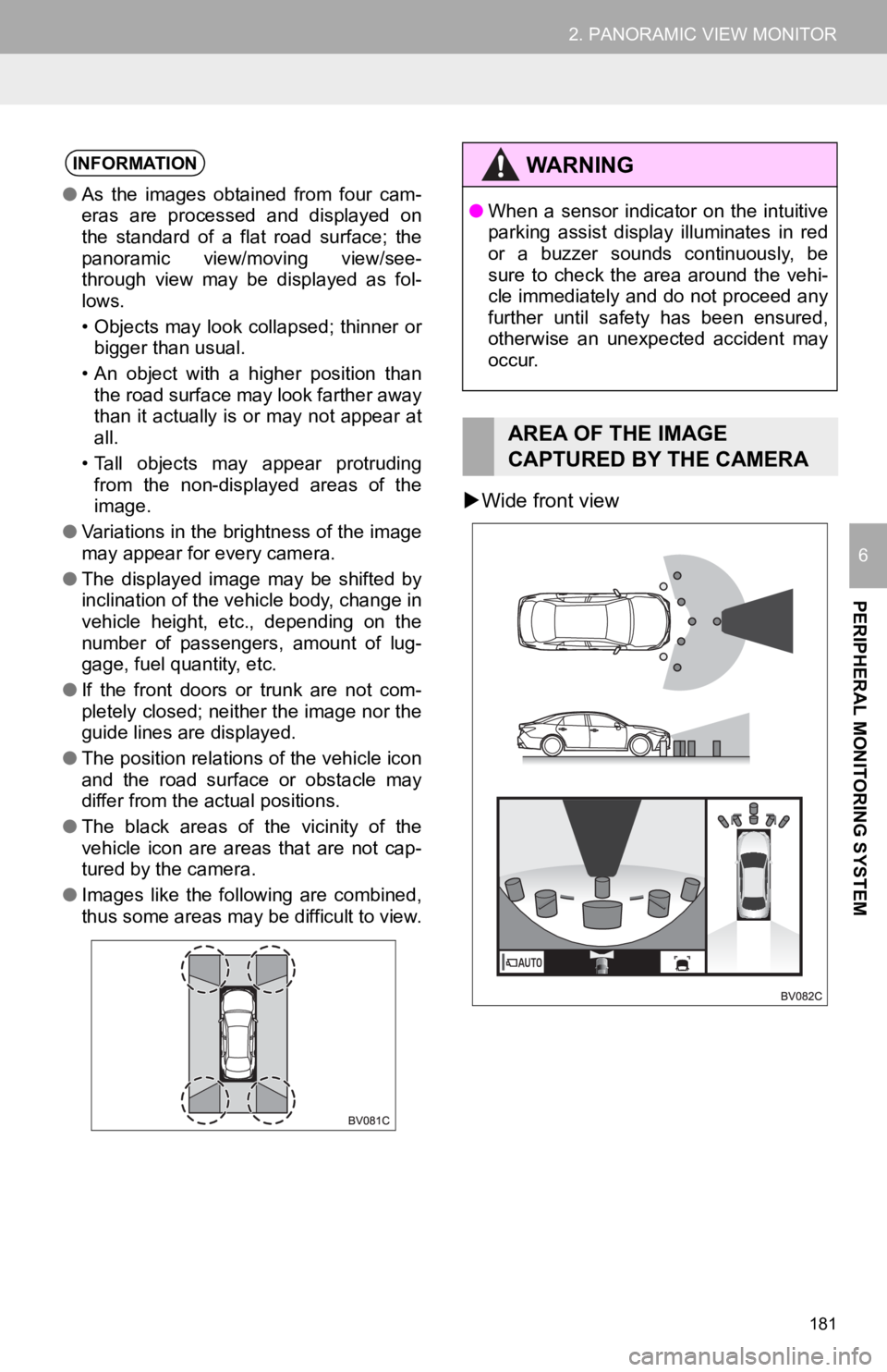 TOYOTA AVALON HYBRID 2019  Accessories, Audio & Navigation (in English) 181
2. PANORAMIC VIEW MONITOR
PERIPHERAL MONITORING SYSTEM
6
Wide front view
INFORMATION
● As  the  images  obtained  from  four  cam-
eras  are  processed  and  displayed  on
the  standard  of  