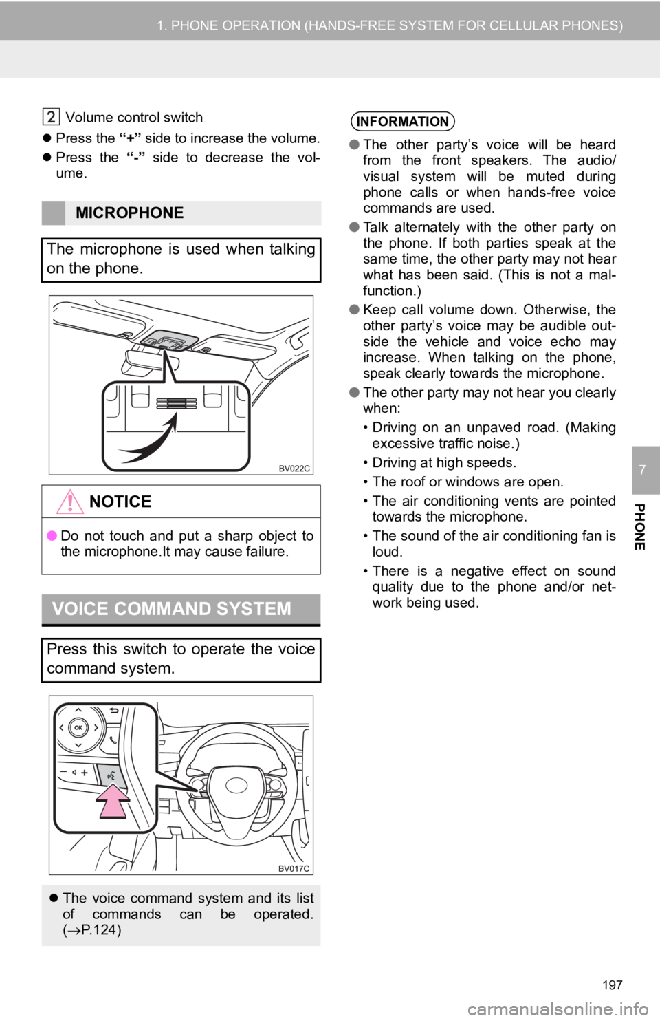 TOYOTA AVALON HYBRID 2019 Accessories, Audio & Navigation (in English) 197
1. PHONE OPERATION (HANDS-FREE SYSTEM FOR CELLULAR PHONES)
PHONE
7
Volume control switch
Press the “+” side to increase the volume.
Press the “-” side to decrease the vol-
TOYOTA AVALON HYBRID 2019 Accessories, Audio & Navigation (in English) 197
1. PHONE OPERATION (HANDS-FREE SYSTEM FOR CELLULAR PHONES)
PHONE
7
Volume control switch
Press the “+” side to increase the volume.
Press the “-” side to decrease the vol-