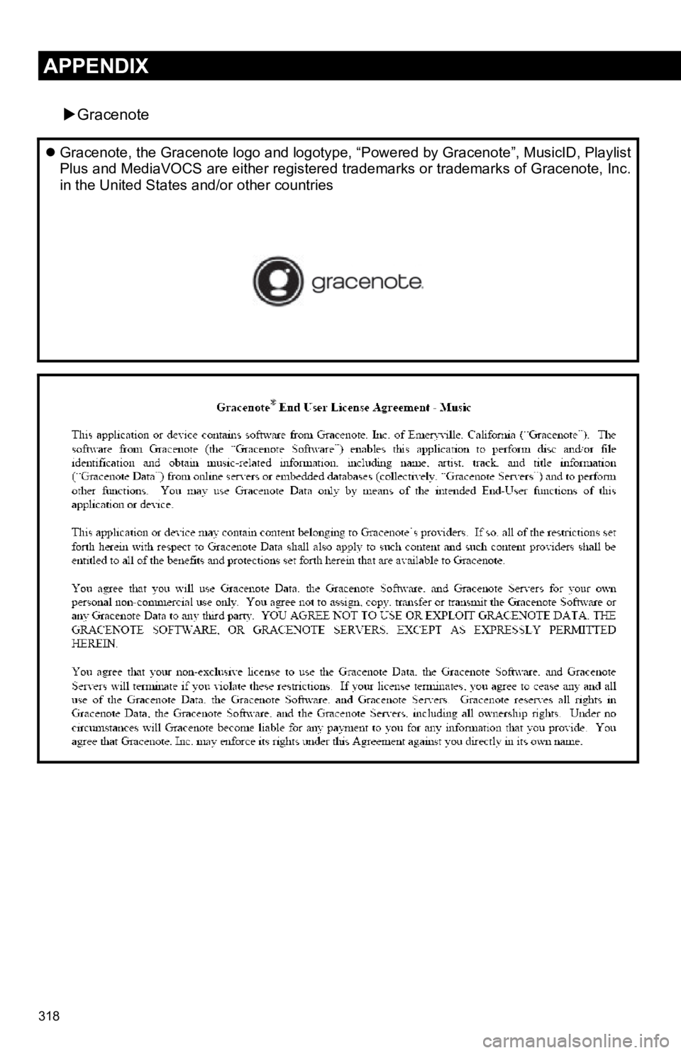 TOYOTA AVALON HYBRID 2019 Accessories, Audio & Navigation (in English) 318
APPENDIX
Gracenote
Gracenote, the Gracenote logo and logotype, “Powered by Graceno te”, MusicID, Playlist
Plus and MediaVOCS are either registered trademarks or trademar ks of Gracenote TOYOTA AVALON HYBRID 2019 Accessories, Audio & Navigation (in English) 318
APPENDIX
Gracenote
Gracenote, the Gracenote logo and logotype, “Powered by Graceno te”, MusicID, Playlist
Plus and MediaVOCS are either registered trademarks or trademar ks of Gracenote