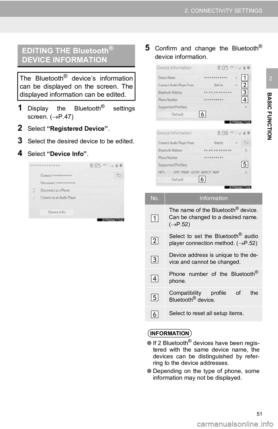 TOYOTA AVALON HYBRID 2019  Accessories, Audio & Navigation (in English) 51
2. CONNECTIVITY SETTINGS
BASIC FUNCTION
2
1Display  the  Bluetooth®  settings
screen. ( P.47)
2Select “Registered Device” .
3Select the desired device to be edited.
4Select “Device Info�