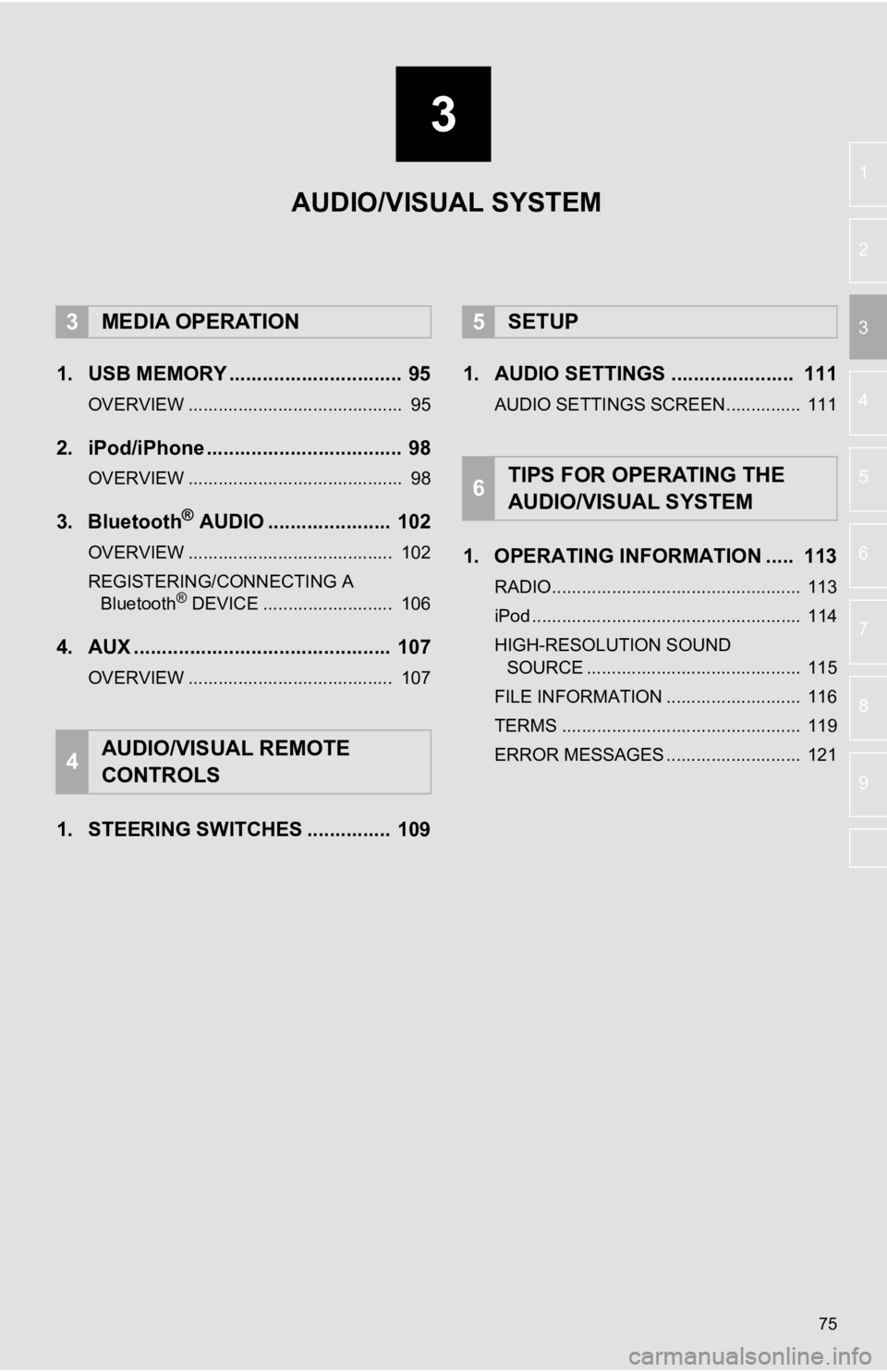 TOYOTA AVALON HYBRID 2019 Accessories, Audio & Navigation (in English) 3
75
4
5
6
7
8
9
1
2
3
1. USB MEMORY ............................... 95
OVERVIEW ........................................... 95
2. iPod/iPhone ................................... 98
OVERVIEW ........ TOYOTA AVALON HYBRID 2019 Accessories, Audio & Navigation (in English) 3
75
4
5
6
7
8
9
1
2
3
1. USB MEMORY ............................... 95
OVERVIEW ........................................... 95
2. iPod/iPhone ................................... 98
OVERVIEW ........