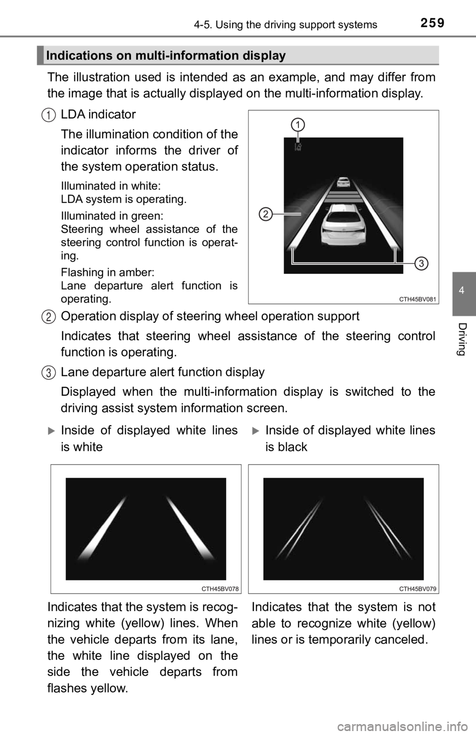 TOYOTA AVALON HYBRID 2020  Owners Manual (in English) 2594-5. Using the driving support systems
4
Driving
The  illustration  used  is  intended  as  an  example,  and  may  differ from
the image that is actually display ed on the multi-information displa