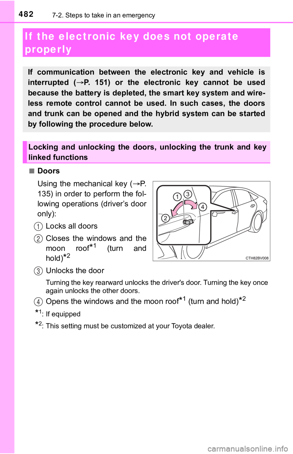 TOYOTA AVALON HYBRID 2020 Owners Manual (in English) 4827-2. Steps to take in an emergency
■Doors
Using the mechanical key (P.
135) in order to perform the fol-
lowing operations (driver’s door
only):
Locks all doors
Closes the windows an TOYOTA AVALON HYBRID 2020 Owners Manual (in English) 4827-2. Steps to take in an emergency
■Doors
Using the mechanical key (P.
135) in order to perform the fol-
lowing operations (driver’s door
only):
Locks all doors
Closes the windows an