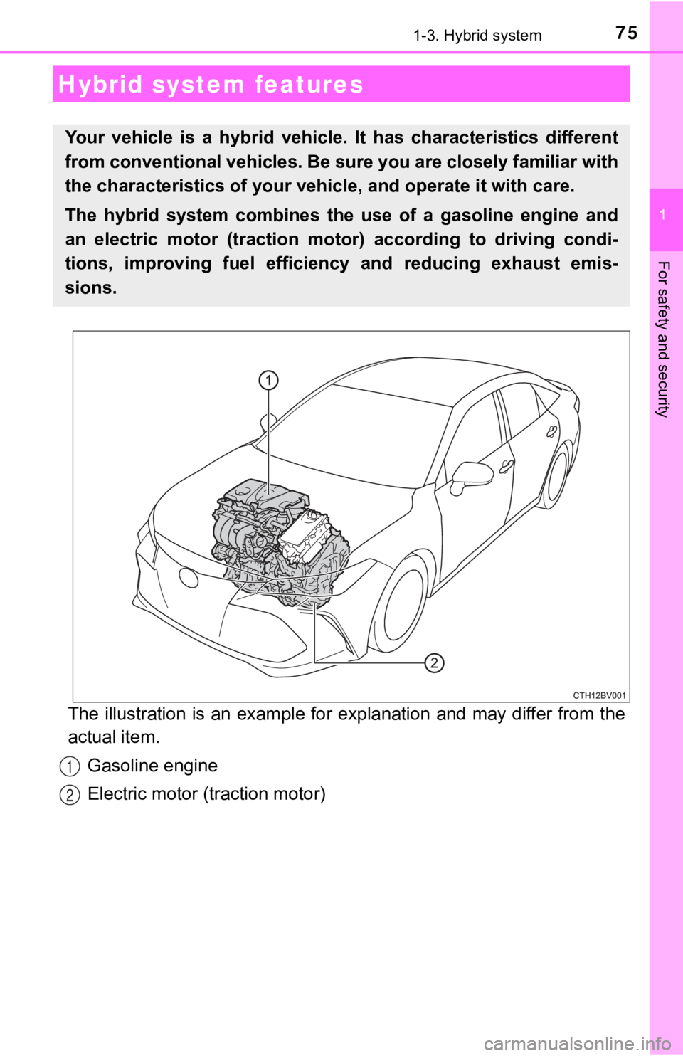 TOYOTA AVALON HYBRID 2020 (in English) Manual PDF 75
1
For safety and security
1-3. Hybrid system
The illustration is an example for explanation and may differ from the
actual item.
Gasoline engine
Electric motor (traction motor)
Hybrid system featur TOYOTA AVALON HYBRID 2020 (in English) Manual PDF 75
1
For safety and security
1-3. Hybrid system
The illustration is an example for explanation and may differ from the
actual item.
Gasoline engine
Electric motor (traction motor)
Hybrid system featur