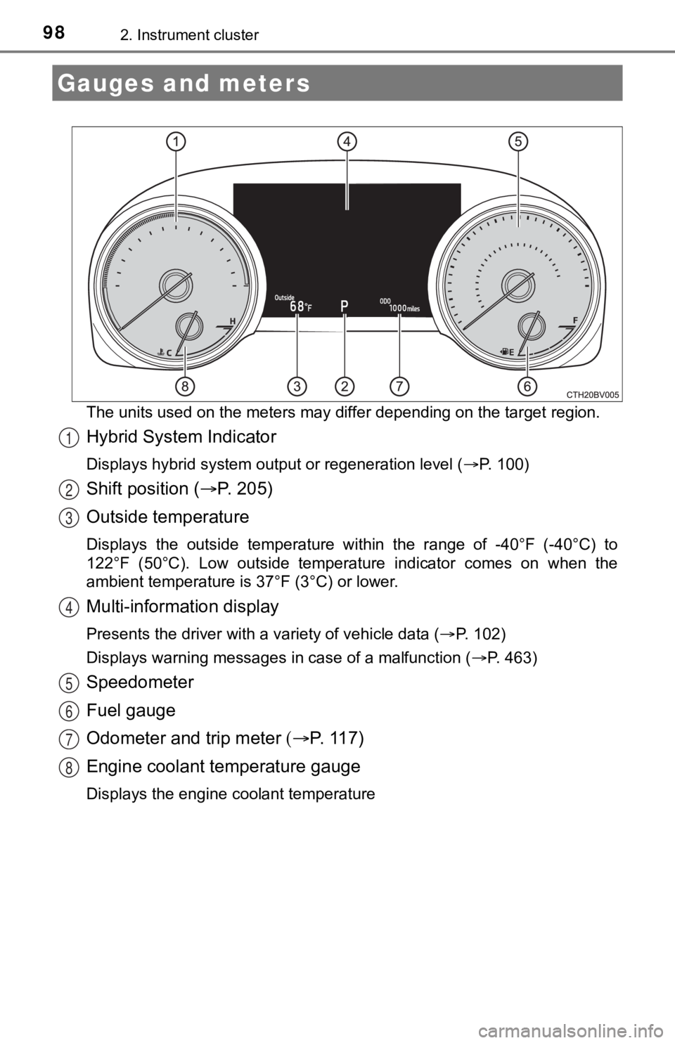 TOYOTA AVALON HYBRID 2020 Owners Manual (in English) 982. Instrument cluster
The units used on the meters may differ depending on the target region.
Hybrid System Indicator
Displays hybrid system output or regeneration level (P. 100)
Shift position ( TOYOTA AVALON HYBRID 2020 Owners Manual (in English) 982. Instrument cluster
The units used on the meters may differ depending on the target region.
Hybrid System Indicator
Displays hybrid system output or regeneration level (P. 100)
Shift position (