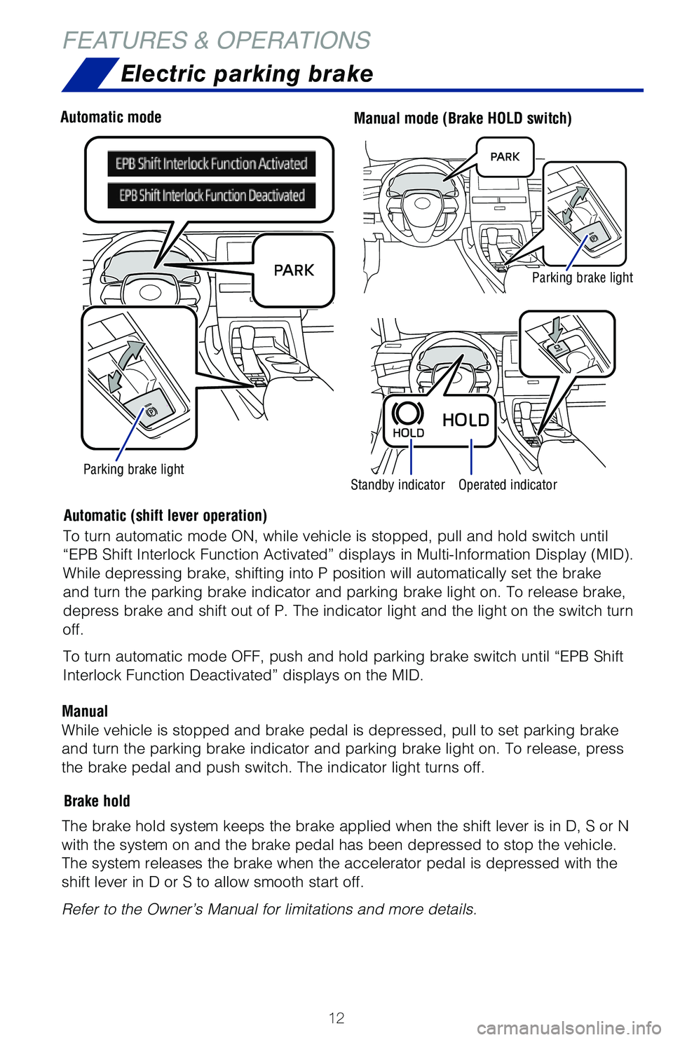TOYOTA AVALON HYBRID 2020 (in English) User Guide 12
Electric parking brake
Driver sideAutomatic modeManual mode (Brake HOLD switch)
Parking brake lightStandby indicatorOperated indicator
Automatic (shift lever operation)
Brake hold
ManualTo turn aut TOYOTA AVALON HYBRID 2020 (in English) User Guide 12
Electric parking brake
Driver sideAutomatic modeManual mode (Brake HOLD switch)
Parking brake lightStandby indicatorOperated indicator
Automatic (shift lever operation)
Brake hold
ManualTo turn aut
