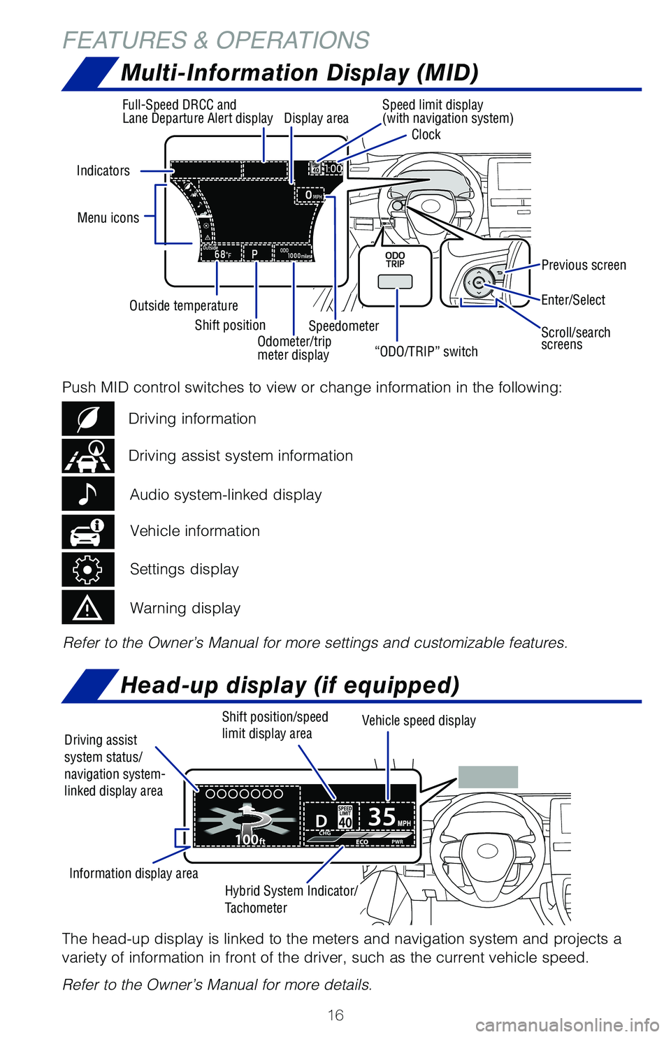 TOYOTA AVALON HYBRID 2020 (in English) User Guide 16
FEATURES & OPERATIONS
Multi-Information Display (MID)
Head-up display (if equipped)
Refer to the Owner’s Manual for more settings and customizable features.
Previous screen
Indicators
Enter/Selec TOYOTA AVALON HYBRID 2020 (in English) User Guide 16
FEATURES & OPERATIONS
Multi-Information Display (MID)
Head-up display (if equipped)
Refer to the Owner’s Manual for more settings and customizable features.
Previous screen
Indicators
Enter/Selec